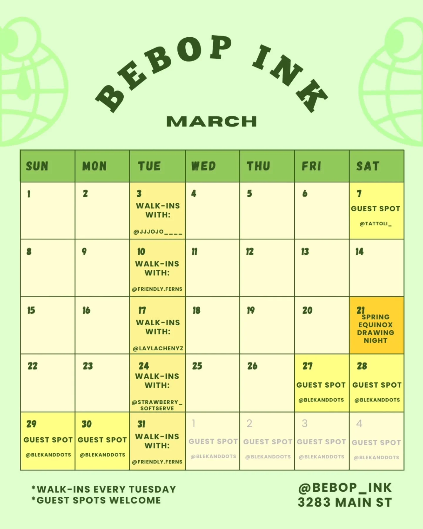 📌 Bebop March Calendar 
Mar 3 - Walk-ins with @jjjojo____ 
Mar 7 - Guest spot with @tattoli__ 
Mar 10 - Walk-ins with @friendly.ferns 
Mar 17 - Walk-ins with @laylachenyz 
Mar 21 - Spring Equinox Drawing Night (tickets soon!) 
Mar 24 - Walk-ins with