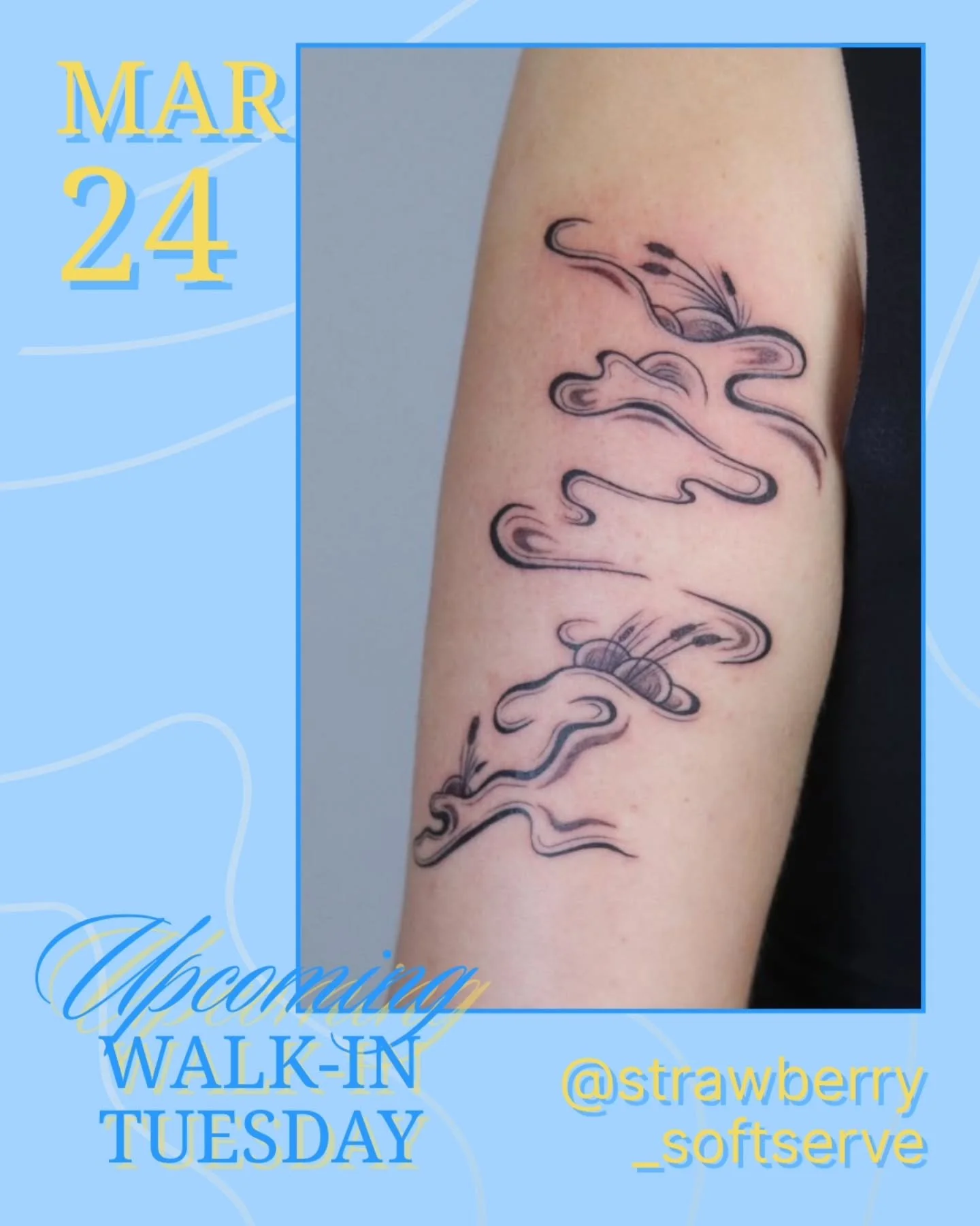 Next for Walk-in Tuesday: @strawberry_softserve Mar 24! Starting from 1:30pm to 5pm
.
👉 We host walk-ins every Tuesday with a different artist each week! 
📌 Next Event: Flash day in April (TBA) 
.
.
#tattoo #vancouvertattoo #vancouverart #yvr #vanc