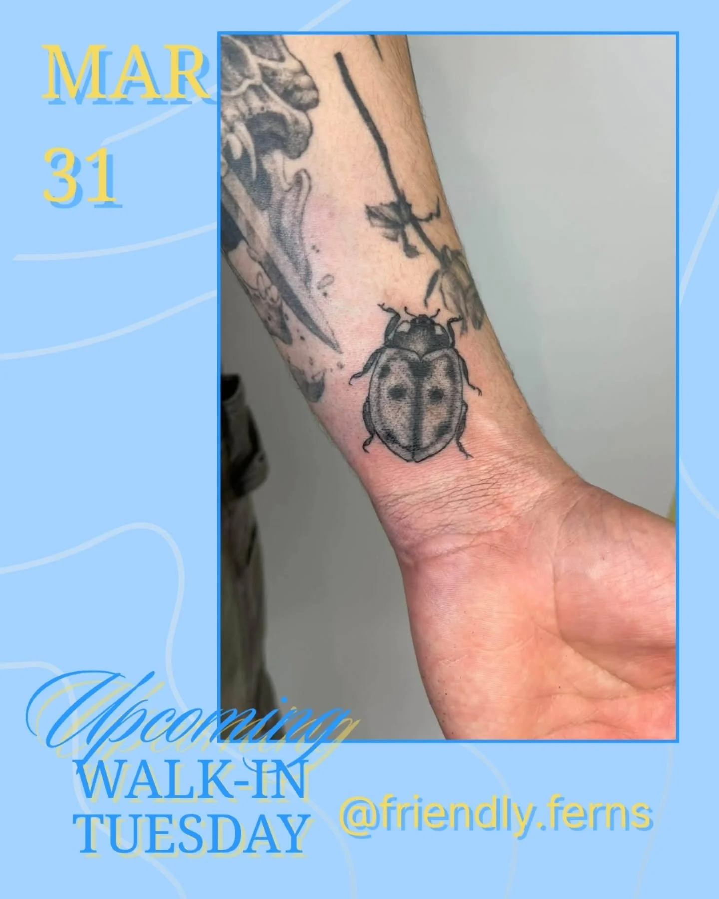 @friendly.ferns will be taking walk-ins tomorrow from 11:30am - 5pm! 
We host walk-ins every Tuesday with a different artist each week! 
.
Upcoming: Music Flash Day, April 18 (details coming soon!)
.
.
#tattoo #vancouvertattoo #vancouverart #yvr