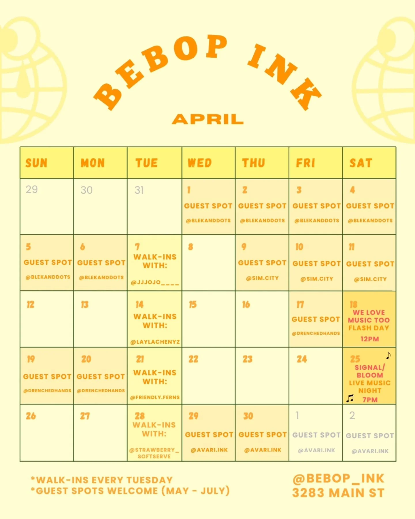 📌 Bebop April Calendar 
Until Apr 7 - Guest spot with @blekanddots (couple of spots available!) 
Apr 7 - Walk-ins with @jjjojo____ 
Apr 9-11 - Guest spot with @sim.city 
Apr 14 - Walk-ins with @laylachenyz 
Apr 17-20 - Guest spot with @drenchedhands