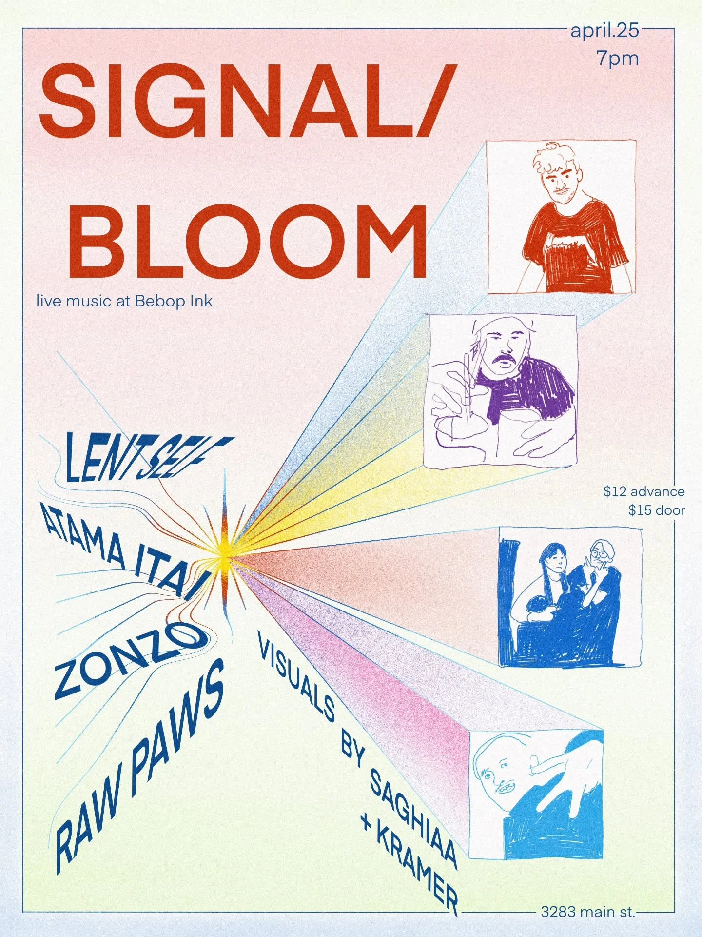 SIGNAL/BLOOM - live music night at Bebop Ink. 
Date: April 25
Time: 7pm 
Address: 3283 Main St
Tickets: $12 via Evenbrite/ $15 at door
.
Performances: 
@lentself 
Atama itai (@laylachenyz @akiramikoshiba )
@o.zonzo 
@rawpawss 

Visuals: 
@saghiaa 
ww