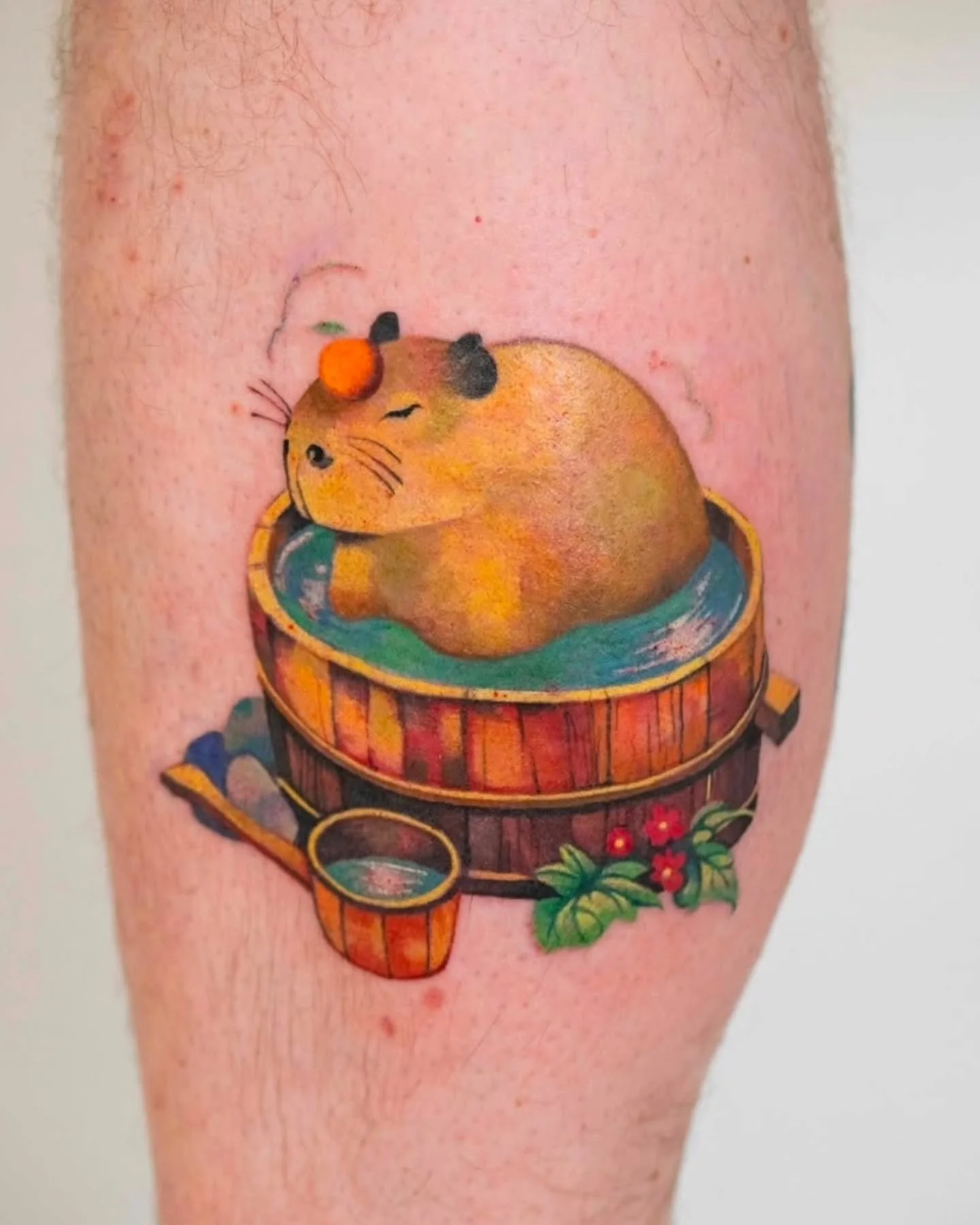 Relaxing Capybara by @heeyajenny 
Booking available! 
.
Upcoming: 
April 25 - Signal / Bloom Live music night, 7pm, 3283 Main St 
.
.
#tattoo #capybara #colortattoo #vancouvertattoo #vancouverart