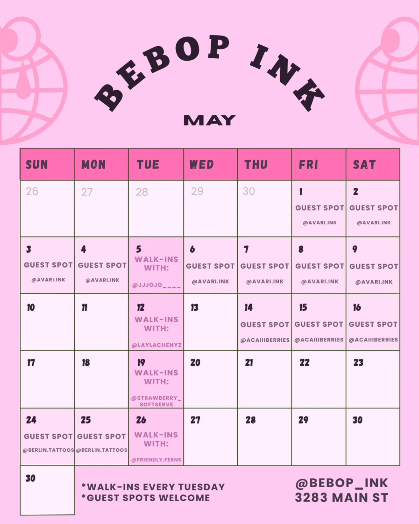 📌 Bebop May Calendar 
Until May 9 - Guest spot with @avari.ink 
May 5 - Walk-ins with @jjjojo____ 
May 12 - Walk-ins with @laylachenyz 
May 14 - 16 - Guest spot with @acaiiiberries 
May 19 - Walk-ins with @strawberry_softserve 
May 24 - 26 - Guest s