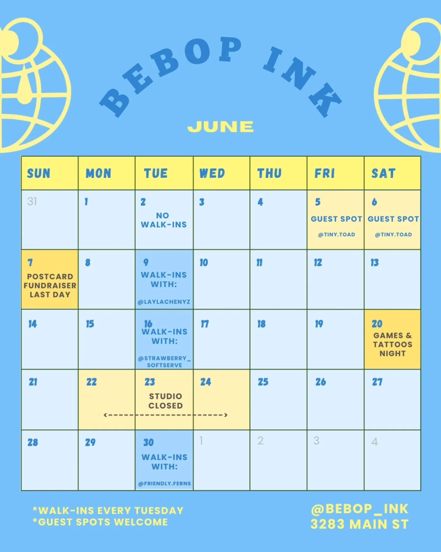 📌 Bebop June Calendar 

June 2 - sorry, no walk-ins!
June 5-6 - Guest spot with @tiny.toad
June 7 - Postcard Fundraiser last day! 
June 9 - Walk-ins with @laylachenyz 
June 16 - Walk-ins with @strawberry_softserve 
June 20 - Games and Tattoos 'Night