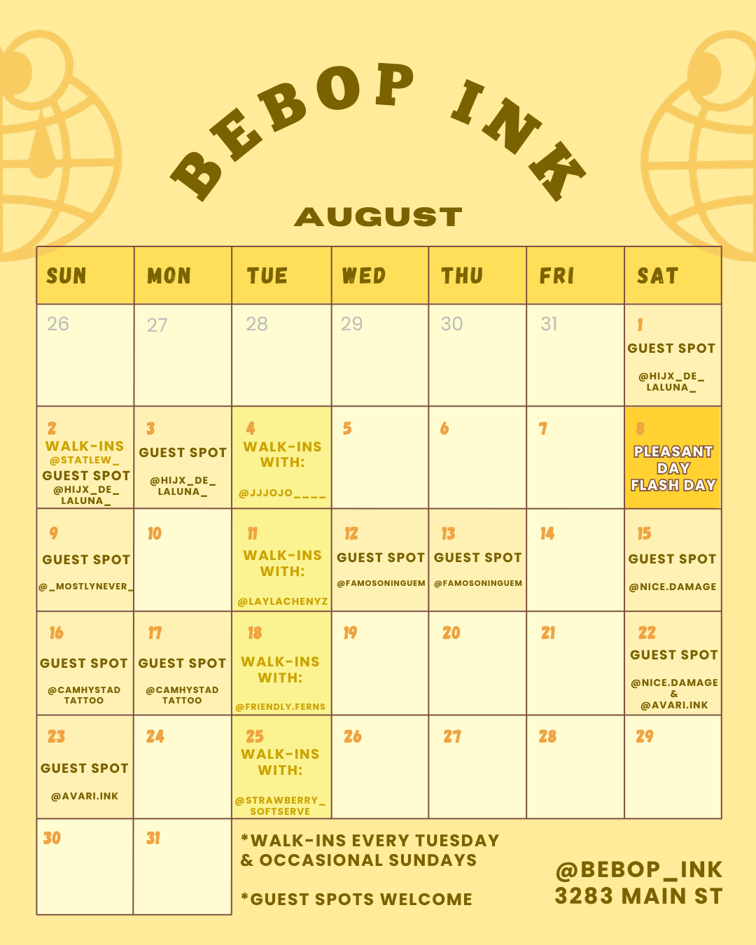 Bebop Ink AUgust 2026 Calendar, Vancouver BC