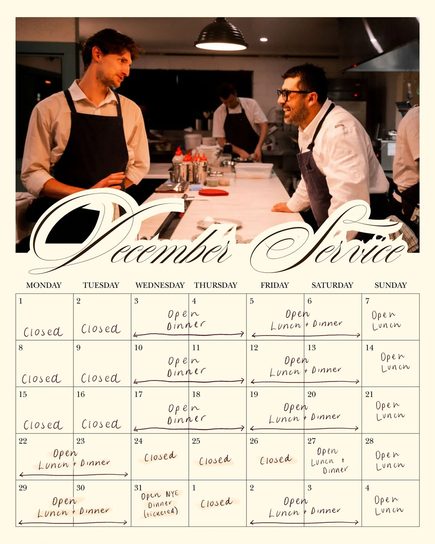 December brings our favourite kind of warmth, full tables, shared plates and the easy joy of celebrating with the people you love.

We&rsquo;re opening our doors for extended hours this month, pausing only from 24-26 December and on 1 January.

If a 