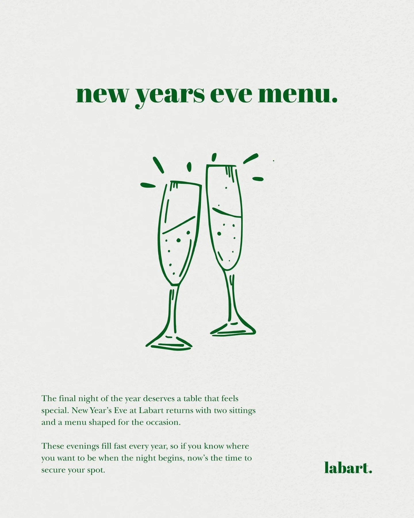 Our New Year&rsquo;s Eve dinner sells out every year. Reservations are now open across two sittings, with a menu created just for the night. Secure your table while availability remains.
