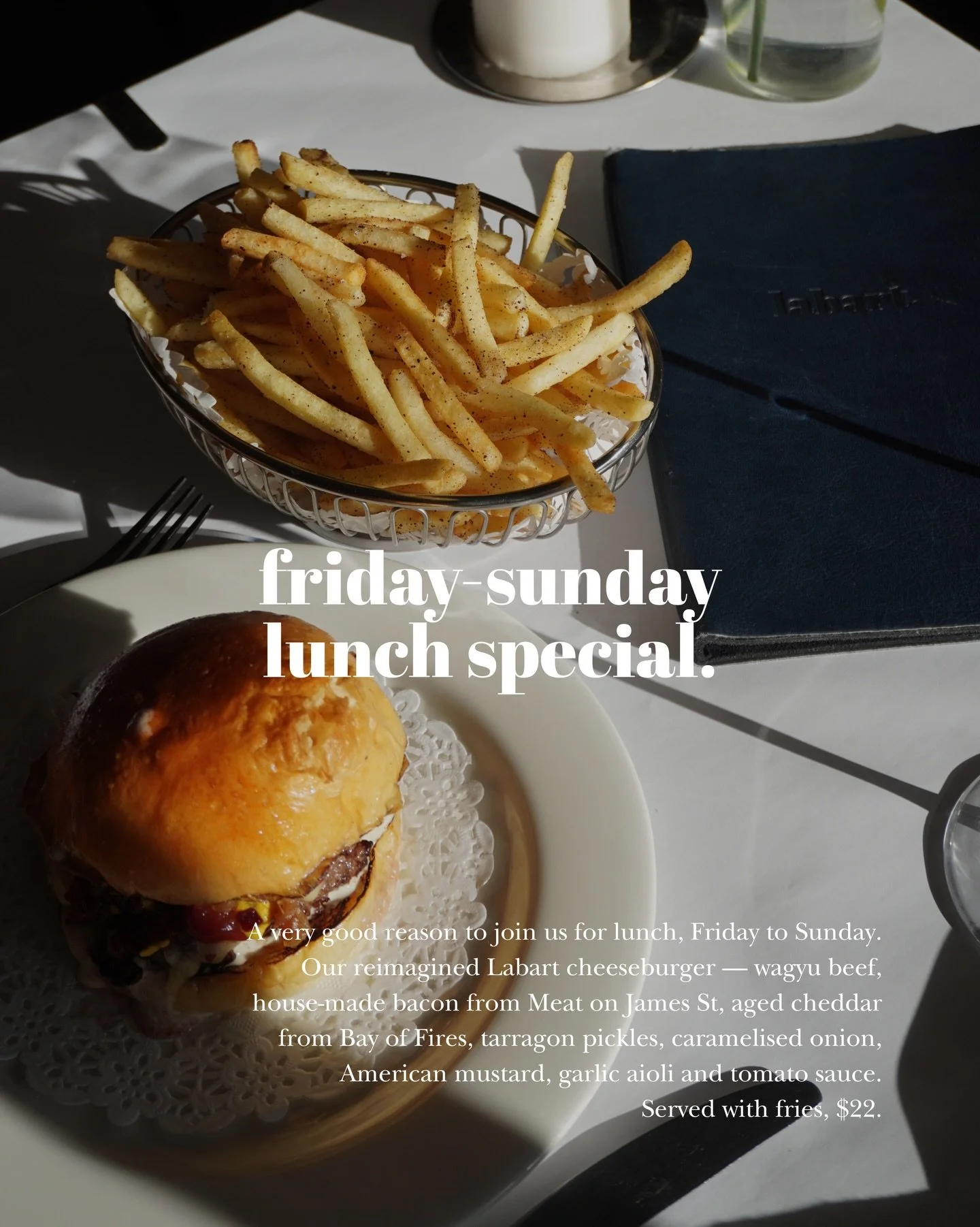 As Friday rolls around, we&rsquo;re ready to welcome you in for long lunches through the weekend. Join us Friday to Sunday for lunch, with cocktail specials pouring from 12&ndash;4pm.