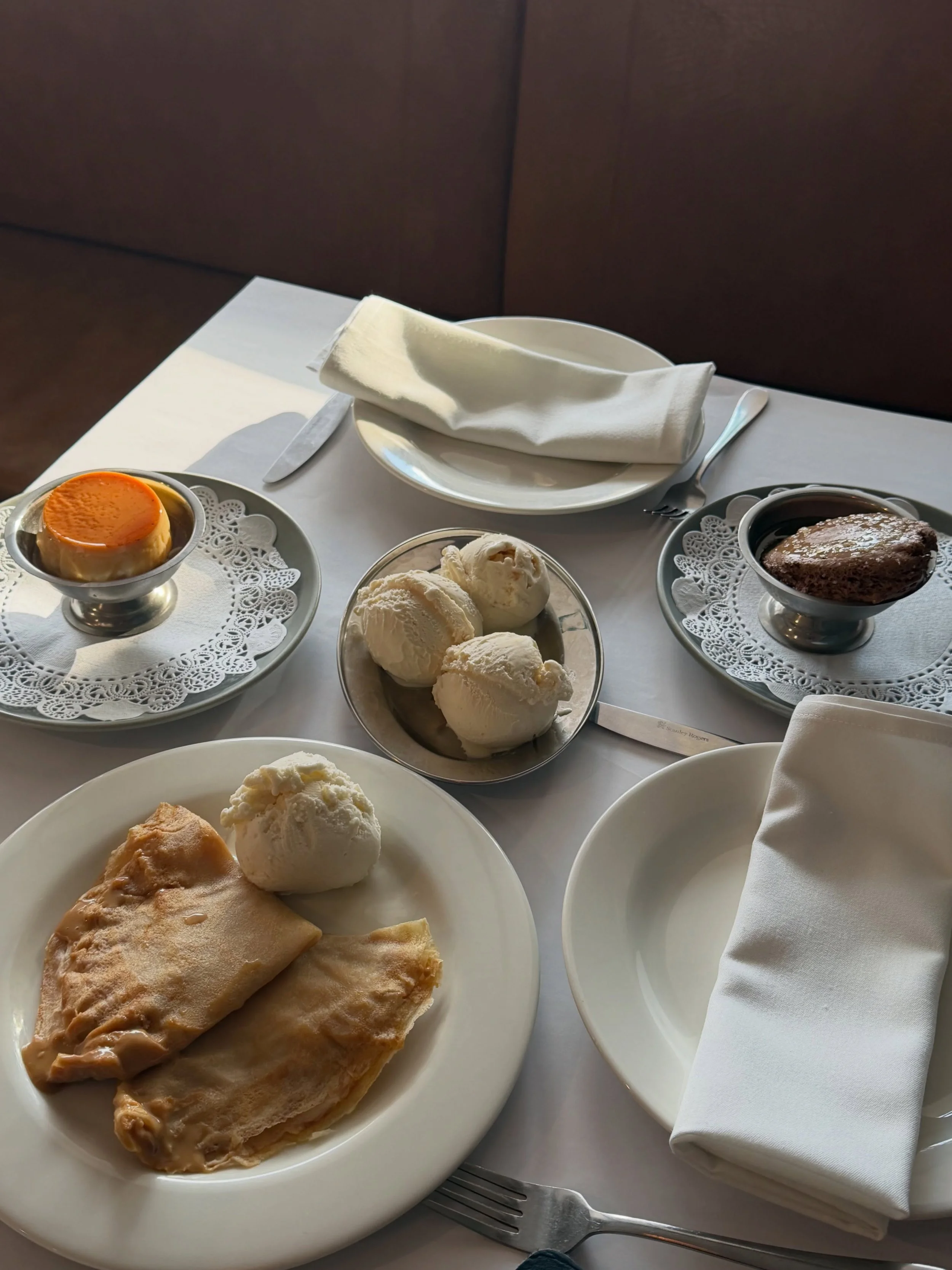 It&rsquo;s not all savoury. 

Chocolate Mousse with bergamot oil &amp; sea salt. 
Creme Caramel with extra burnt caramel. 
Biscotti gelato. 
Warm crepes filled with dulce de leche and french vanilla ice cream.