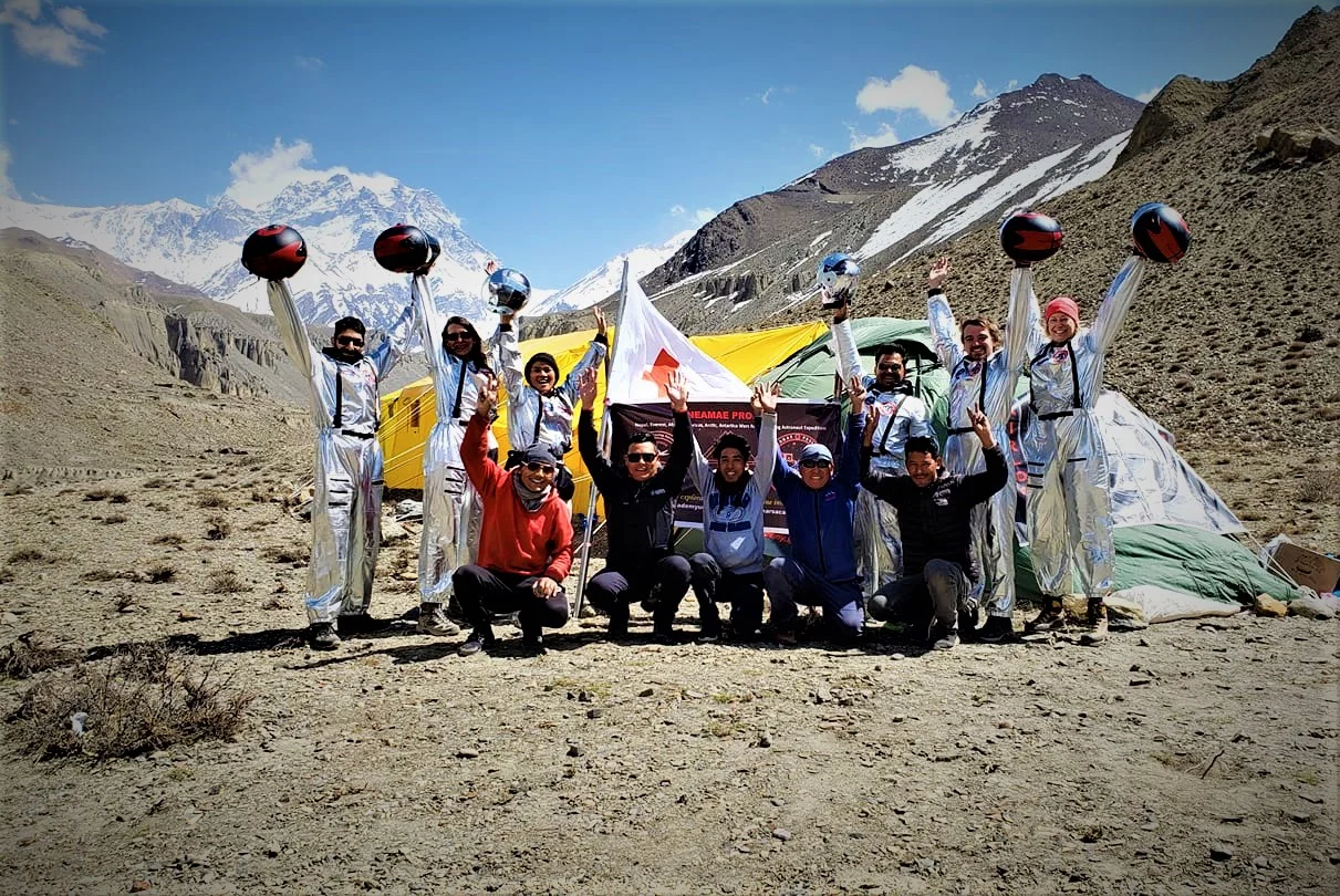 Credit: Biggs/MAU. Analog Astronauts MAU-NEPAL Crew 001 with Onsite Basecamp Support Teams after exiting the mission