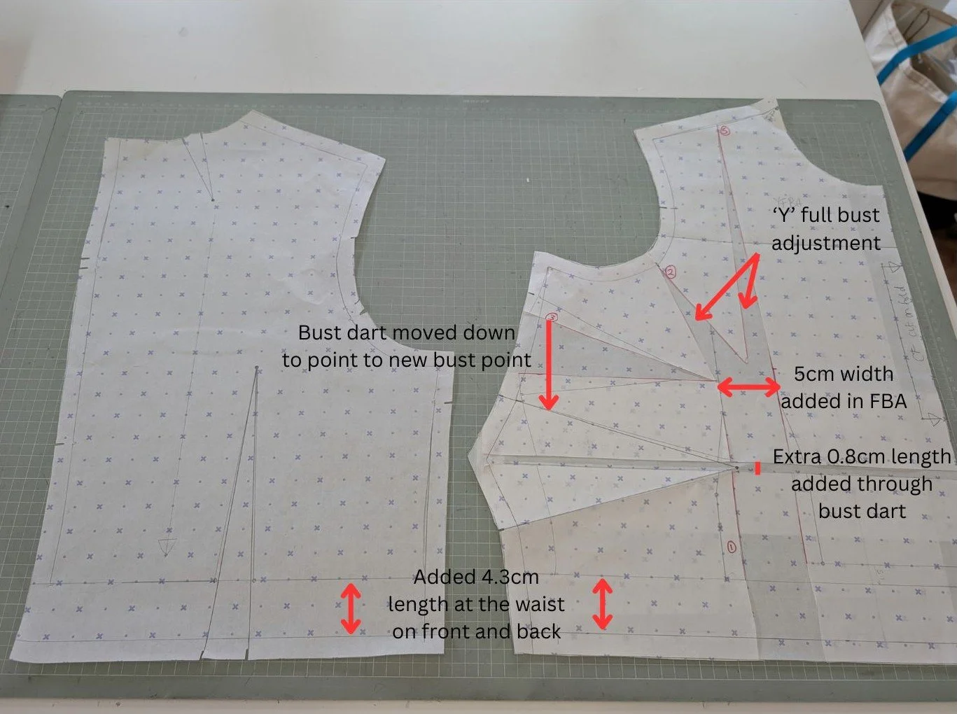 all alterations done to a bodice block to account for a fuller bust and longer length in torso