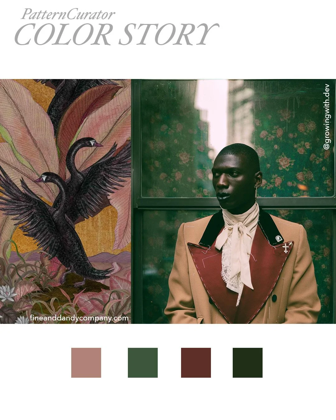 A palette romances the line between regal restraint and poetic flair ❤️

#PatternCurator #FineAndDandy #MetExhibitInspo #ModernDandy #TextileStory #PrintAndPattern #Superfine #PatternCuratorMoodboard #FashionForecast #ColorPrintPattern #MaximalismRev