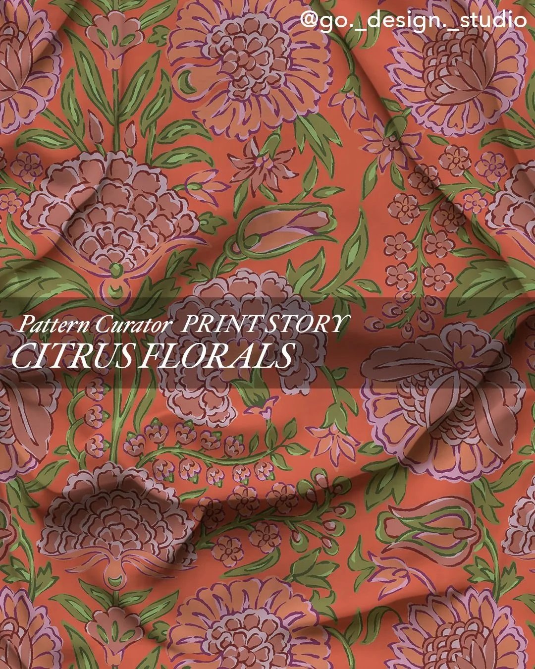 Vibrant blooms pop against punchy orange grounds creates a new take on classic florals. Citrus Florals draws from the bold warmth of Tangerine Bloom&mdash;zesty, playful, and full of sunlit attitude.

#PatternCurator #PrintStory #CitrusFlorals #Tange