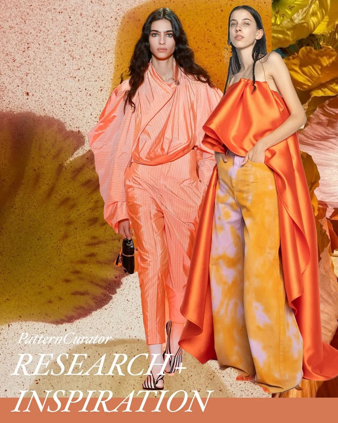 To land on a story like Tangerine Bloom, we source color and texture clues from across the visual landscape&mdash;runway archives (Vogue Runway, Tagwalk), still life photography (Pinterest, design books), floral macro shots, vintage interiors, and fa
