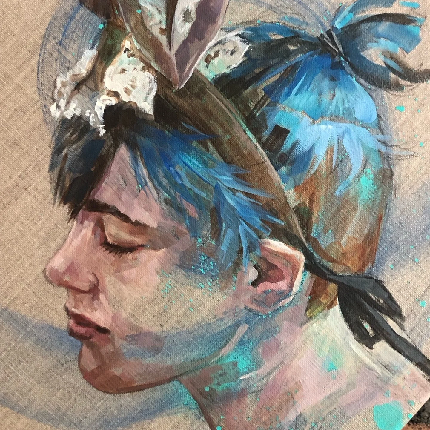The close up and then the full painting.
Ranging from 30cm square up to a whopping 1.5m x 1m

The first 3 just came from painting something I felt compelled to paint &hellip; including the one of my glorious friend and Artist Lucy Pass, the last one 