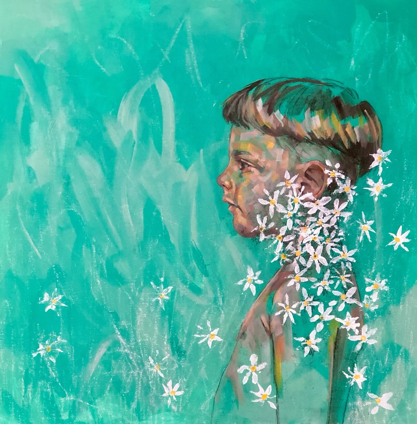 Sometimes I want the paint application to be what a child might use. In this case stamping. I stamped the flower shapes and then used the end of a pencil to stamp the yellow. So sometimes the childlike elements have layers beyond the actual subject.
