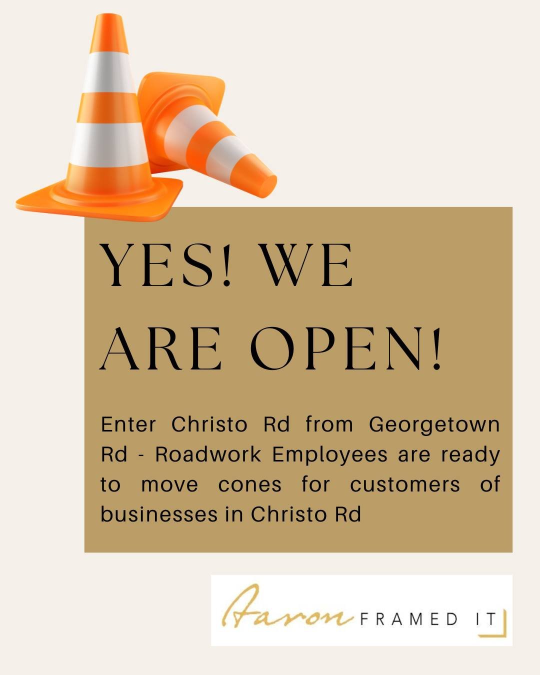 These roadworks have been so painful!!! The good news is that they should be all wrapped up within the next week or so. In the meantime, we are OPEN and still trading. Entrance to Christo Rd is via Georgetown Rd, where cones have been set up making t