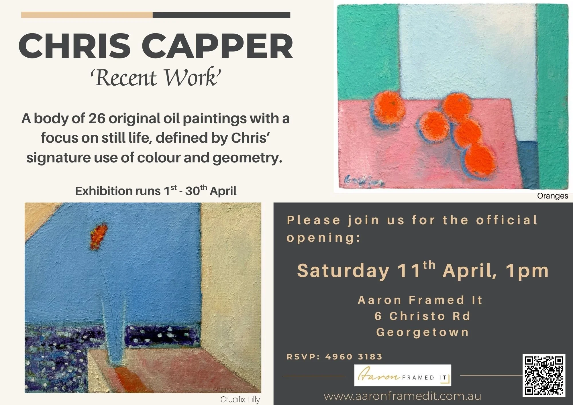 You are invited to come and meet and greet with Chris Capper today, at the official opening of his fantastic SOLO exhibition, 'Recent Work', TODAY at 1pm.

Come down and enjoy a personal viewing of 26 original oil paintings with a focus on still life