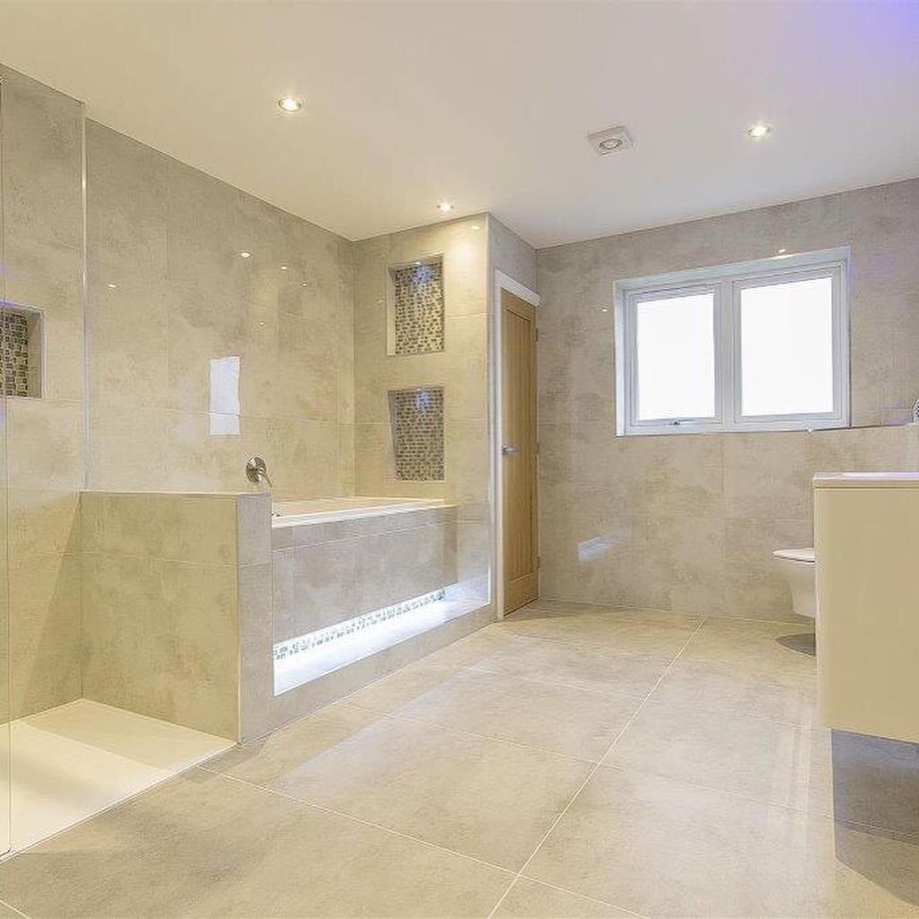 Bathroom heaven! Gorgeous family bathroom in our new build home at Hillhouse Court, Wingerworth with a double shower, beautiful lighting and tiles #bathroomdesign #bathroominspiration #luxurybathrooms #Chesterfield #newbuild
