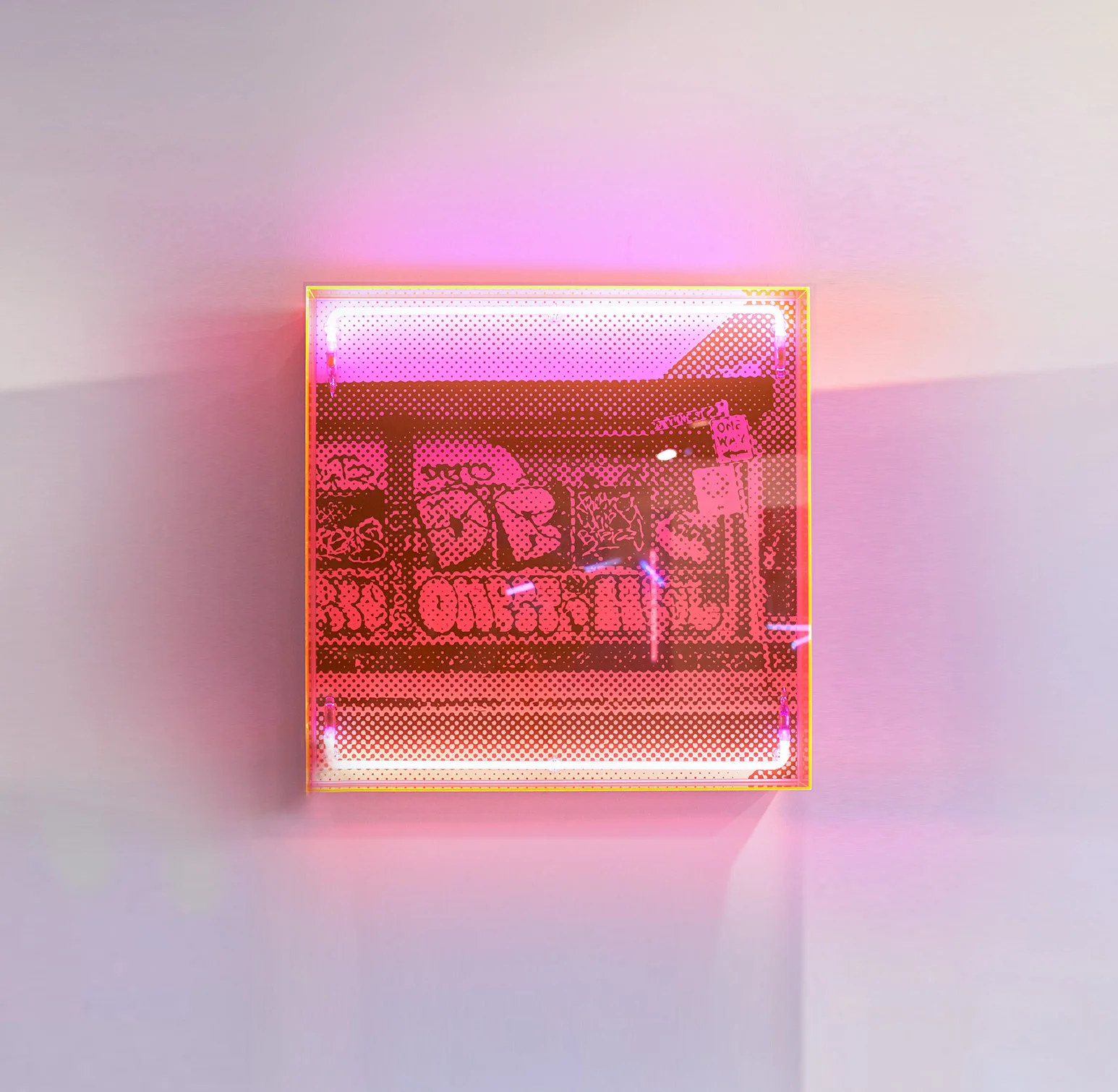 Against the grain (edition of 8) Silk screen and neon on dibond, blue acrylic frame 60x60cm