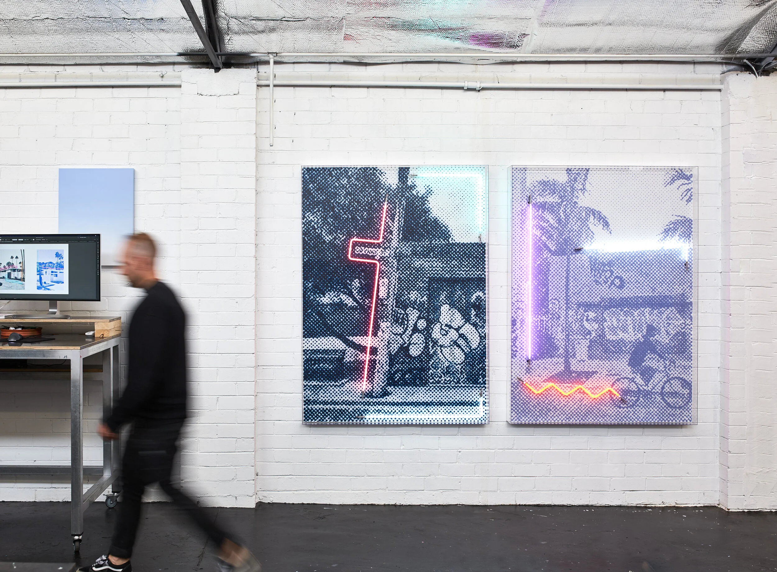 Up on Gwynne (L) / Ride By (R) Airbrush acrylic polymer and neon on dibond, acrylic frame 115x160cm each