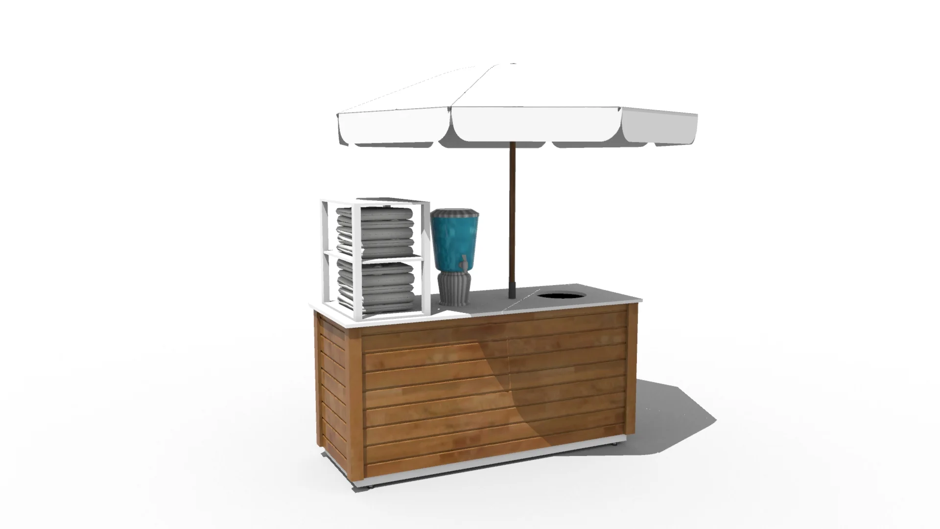 Pool service stand with umbrella holder towel display and return