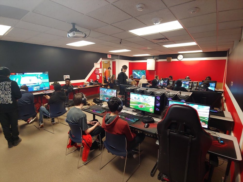 Students at gaming PCs in the esports lab Aaron founded at Shaker Heights High School