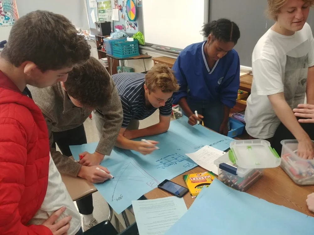 Students gathered around a table doing collaborative inquiry-based group work