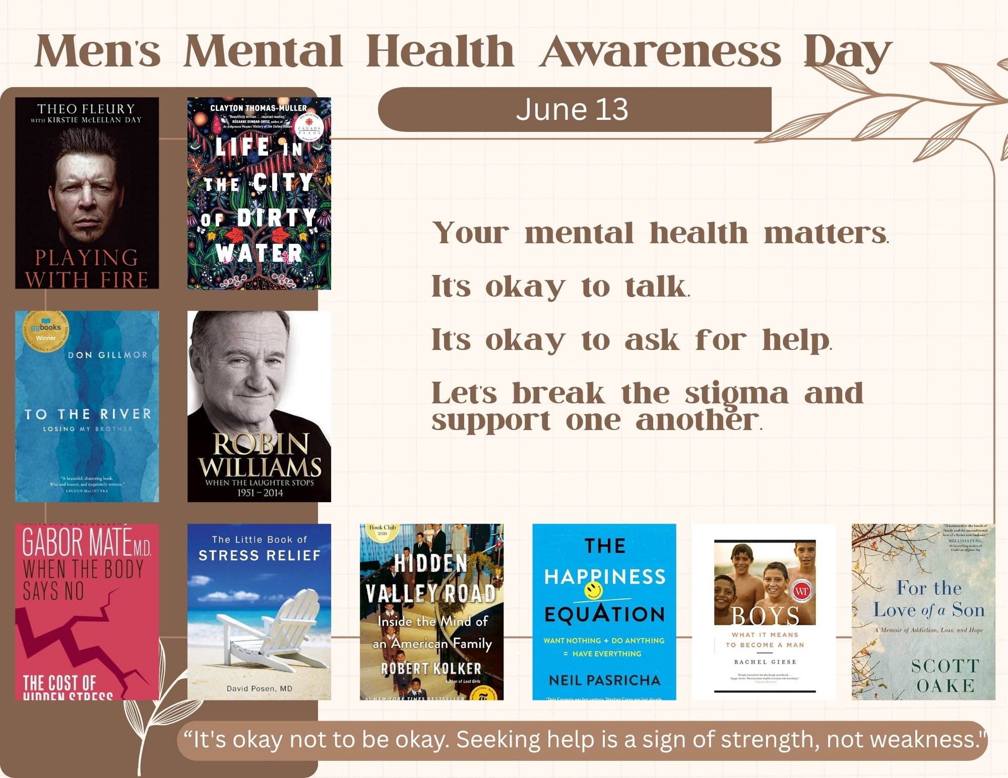 🧠 June 13 is Men&rsquo;s Mental Health Awareness Day in Canada

This day is dedicated to raising awareness of how mental health conditions can present differently in men &mdash; and to help normalize conversations that reduce the stigma often preven
