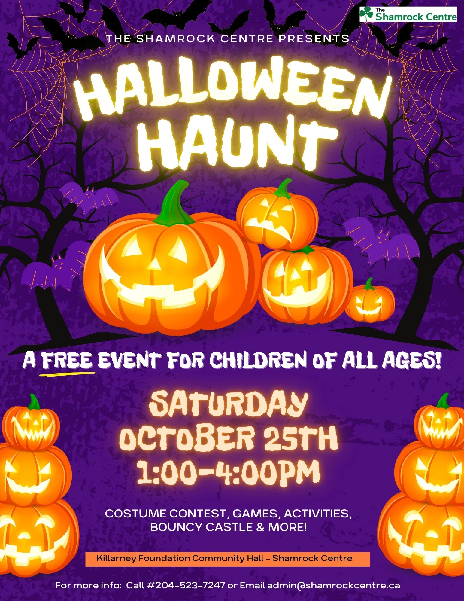 🎃 This Saturday from 1:00–4:00 PM!
Head to the Shamrock Centre for their annual Halloween Haunt — an afternoon of FREE fun for kids of all ages! 👻🍬
Don’t miss the spooky games, treats, and family fun! 🧡🕸️