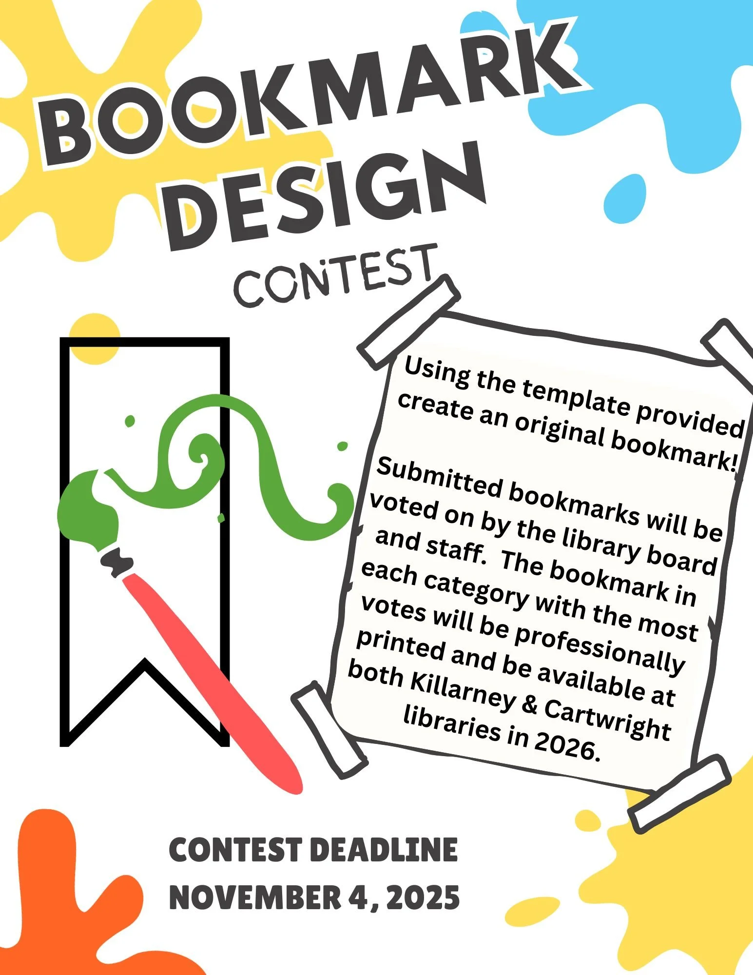 📚✨ How’s the Bookmark Designing Going? ✨📚
There’s just one week left to submit your creative bookmark design!
🎨🖍️ Deadline: Tuesday, November 4
We can’t wait to see all your amazing designs!
