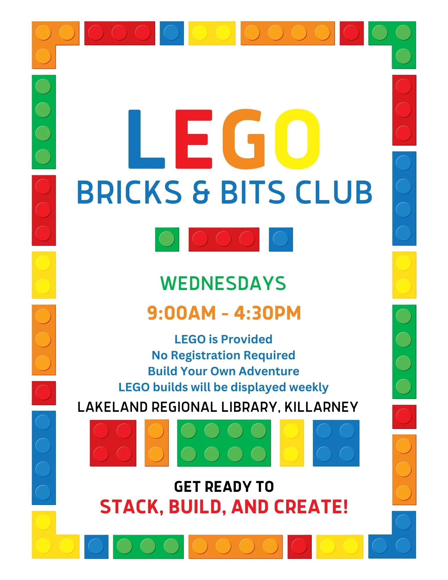 It's LEGO Bricks & Bits day!🎉
Every Wednesday, drop in any time and get building!  Let your creativity run wild - towers, spaceships, animals...you name it!🦖🚀🏰
📍See the poster for all the details.