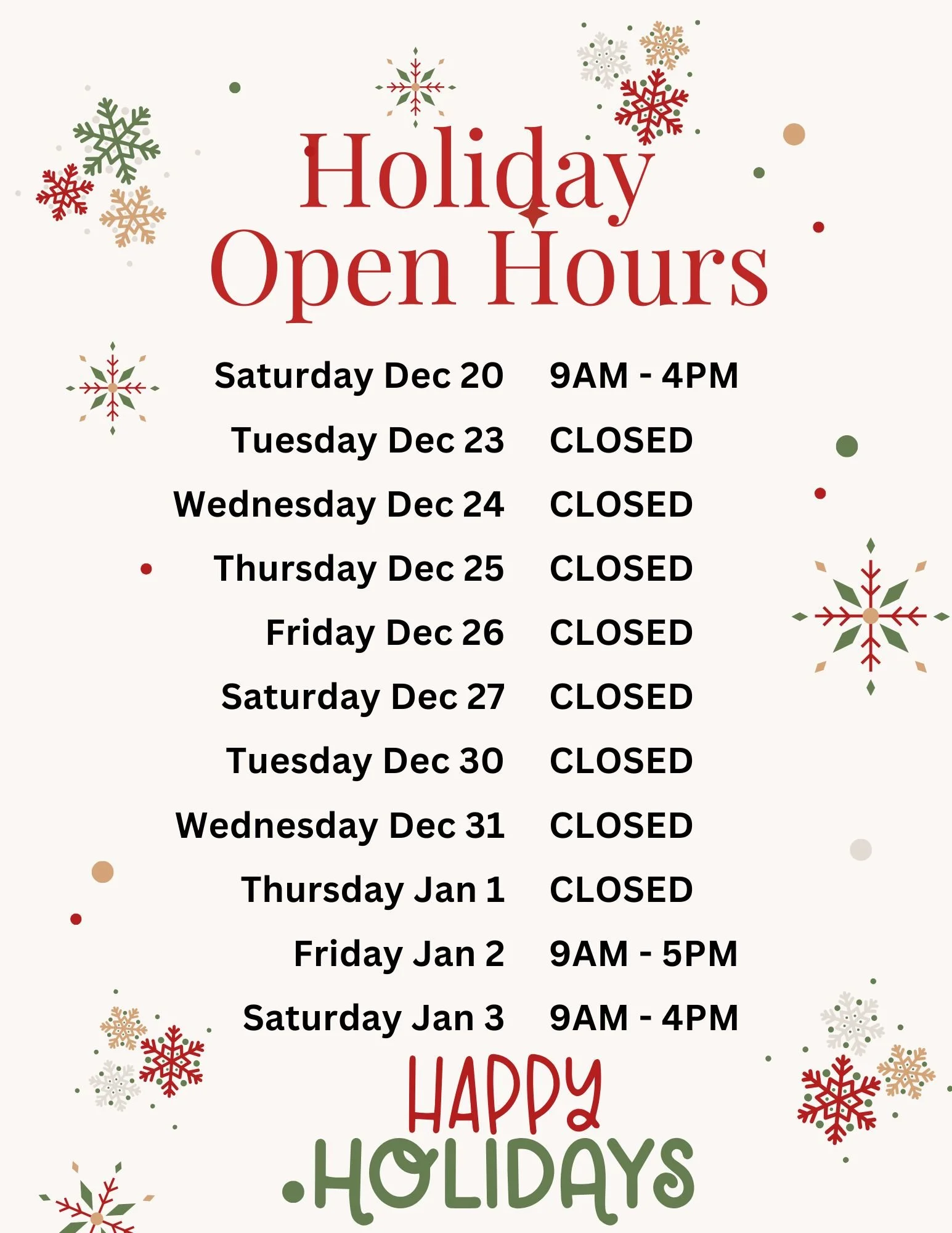 Please Note: December holiday hours.🎄