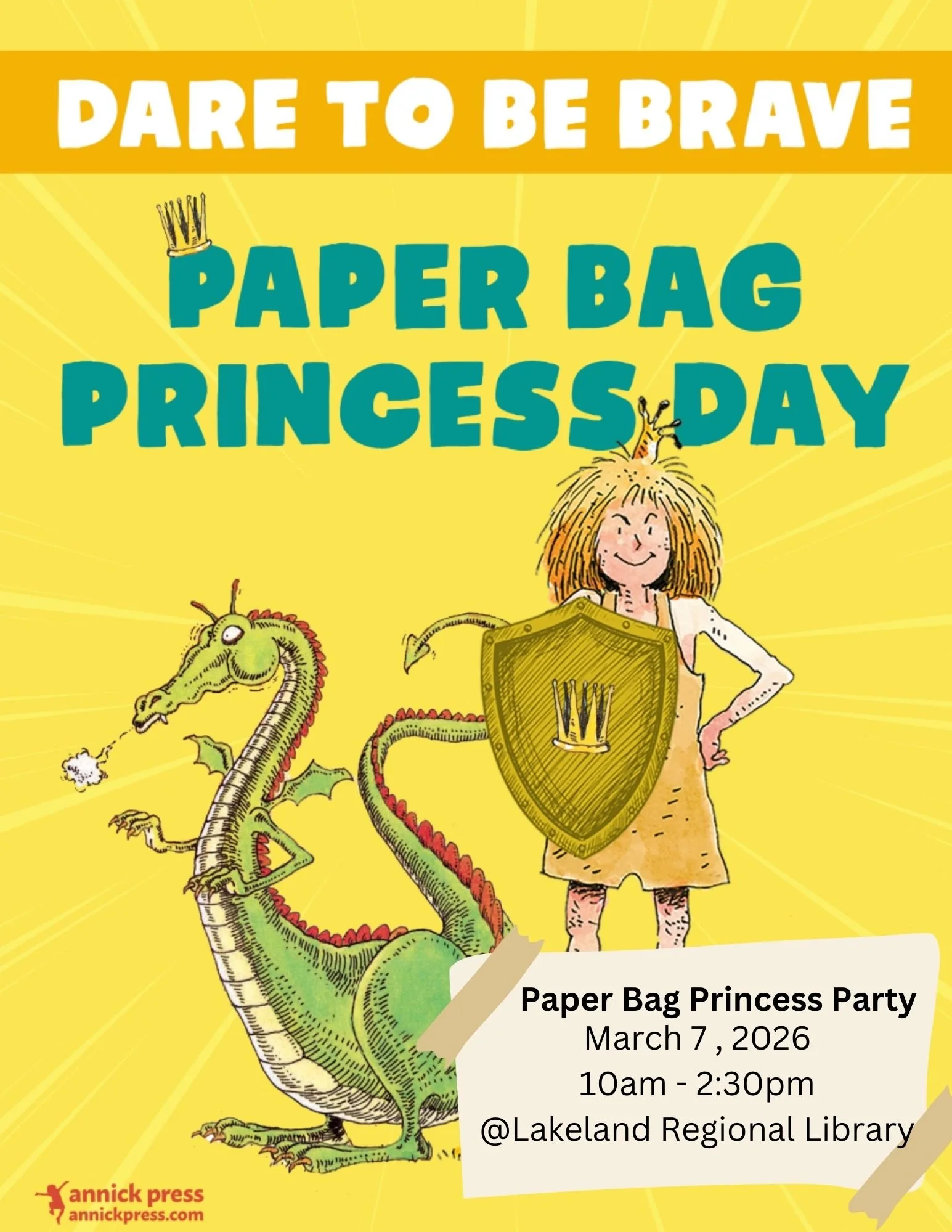 Paper Bag Princess Day is almost here!👑

Join us March 7 as we celebrate our favourite fearless princess with a special story-time.  We will read The Paper Bag Princess story as a group at 10:30 &amp; 2:30.

Other activities will be available throug