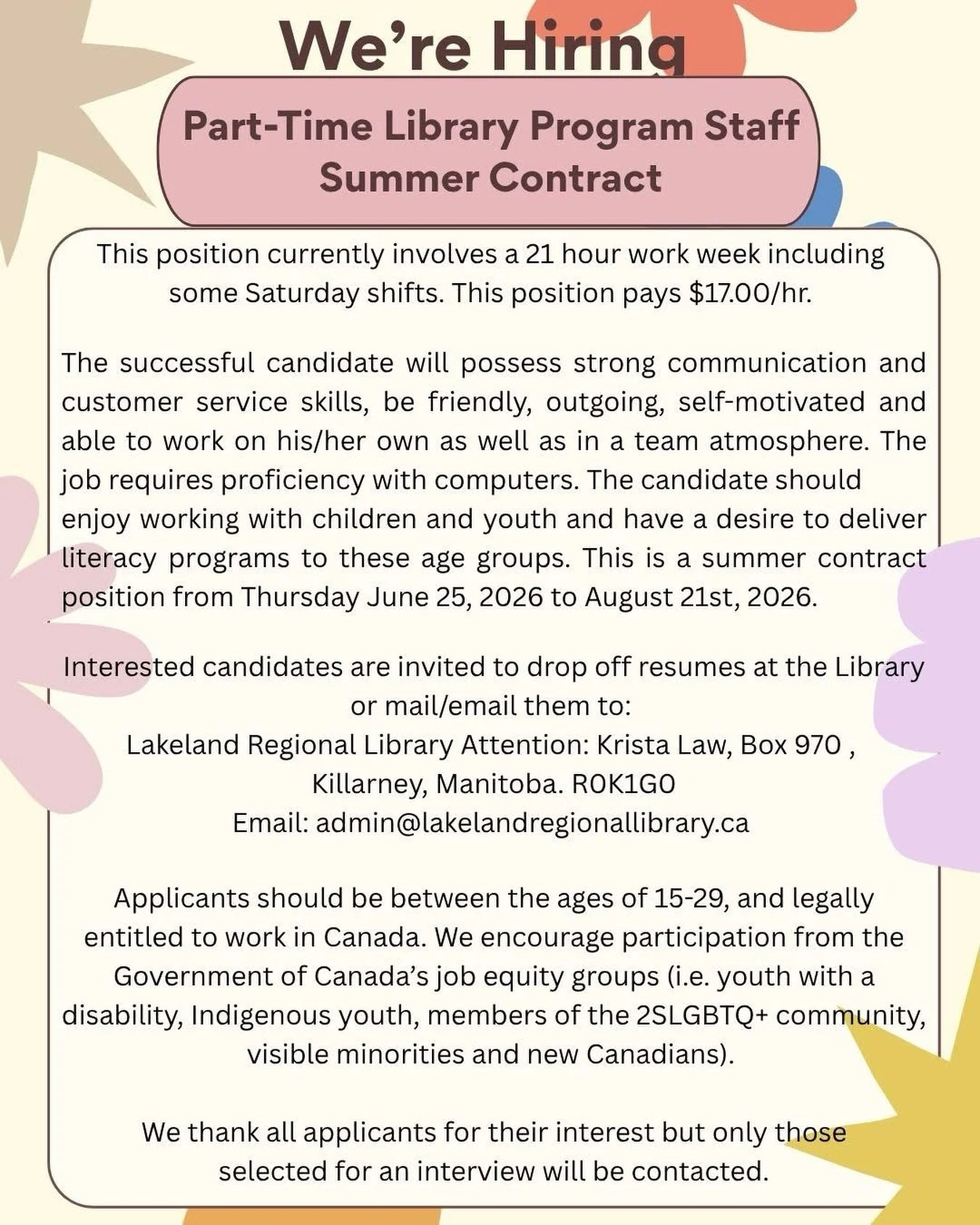 We&rsquo;re hiring for summer! ☀️📚
Join Lakeland Regional Library, Killarney Library as a Part-time Summer Program Staff member.

If you love working with children and youth, enjoy programming, and have great people skills&mdash;we&rsquo;d love to h