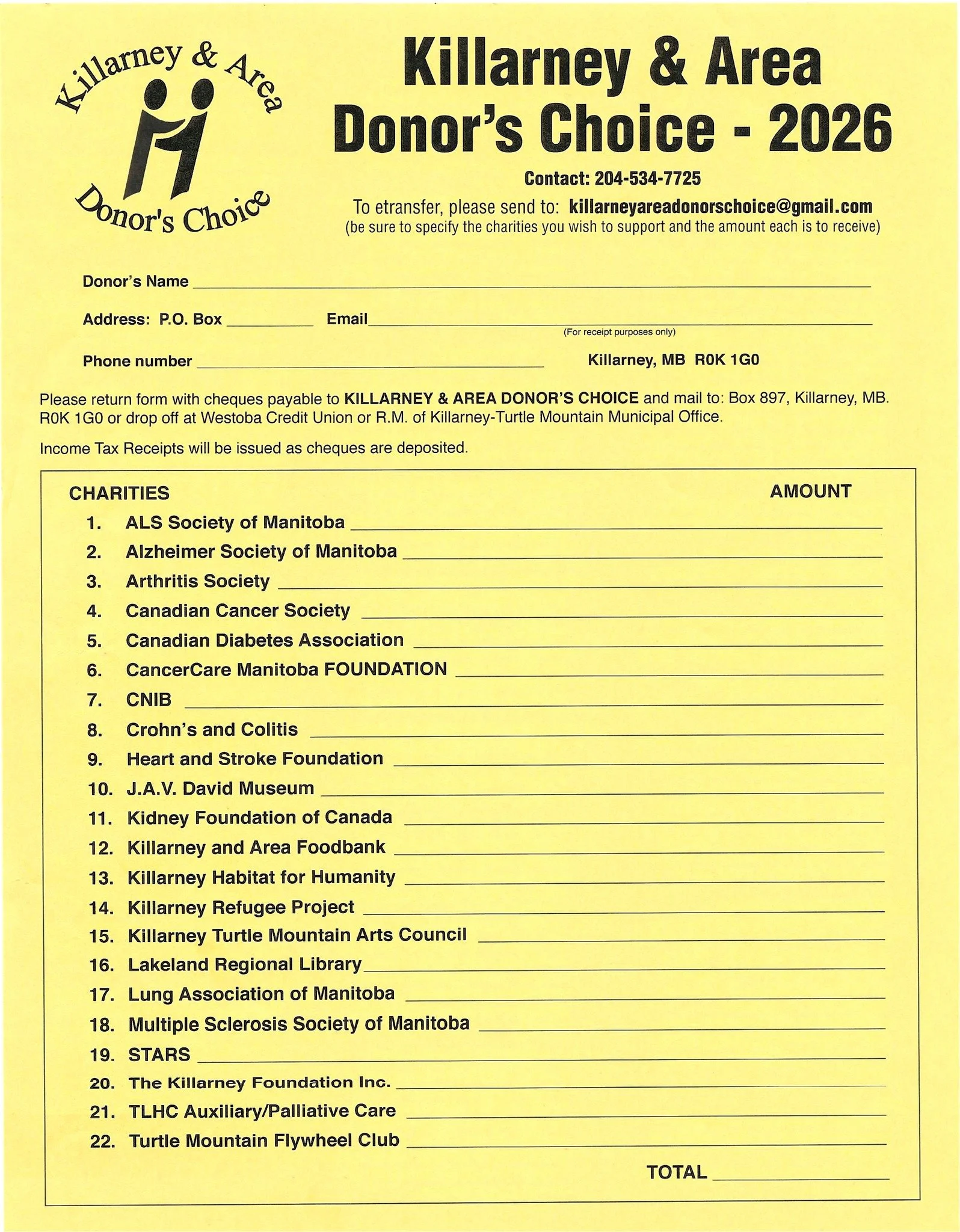 📣 Have you filled out your Killarney &amp; Area Donor's Choice sheet yet!

It's your one-stop donation shop!💛

Pick your favourite charities, fill out the form, and you're done!

✅Donation forms are available at Killarney Library.
There's still tim