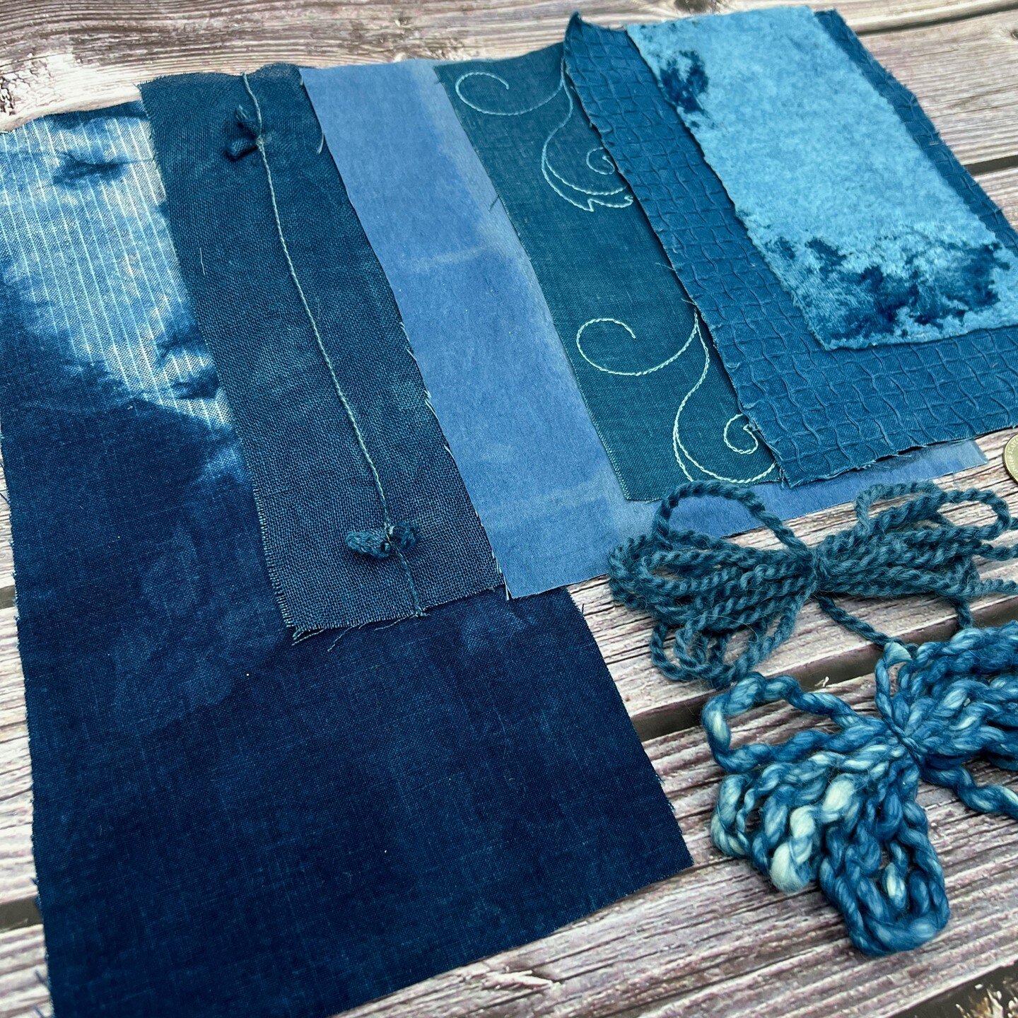 Ocean (3) is a #plantdyed linen, silk, and cotton fabric pack dyed with natural indigo from @botanicalcolors
All of these secondhand fabrics are sourced from vintage materials and unwanted #upcycledclothing

I only have this one indigo pack left, but