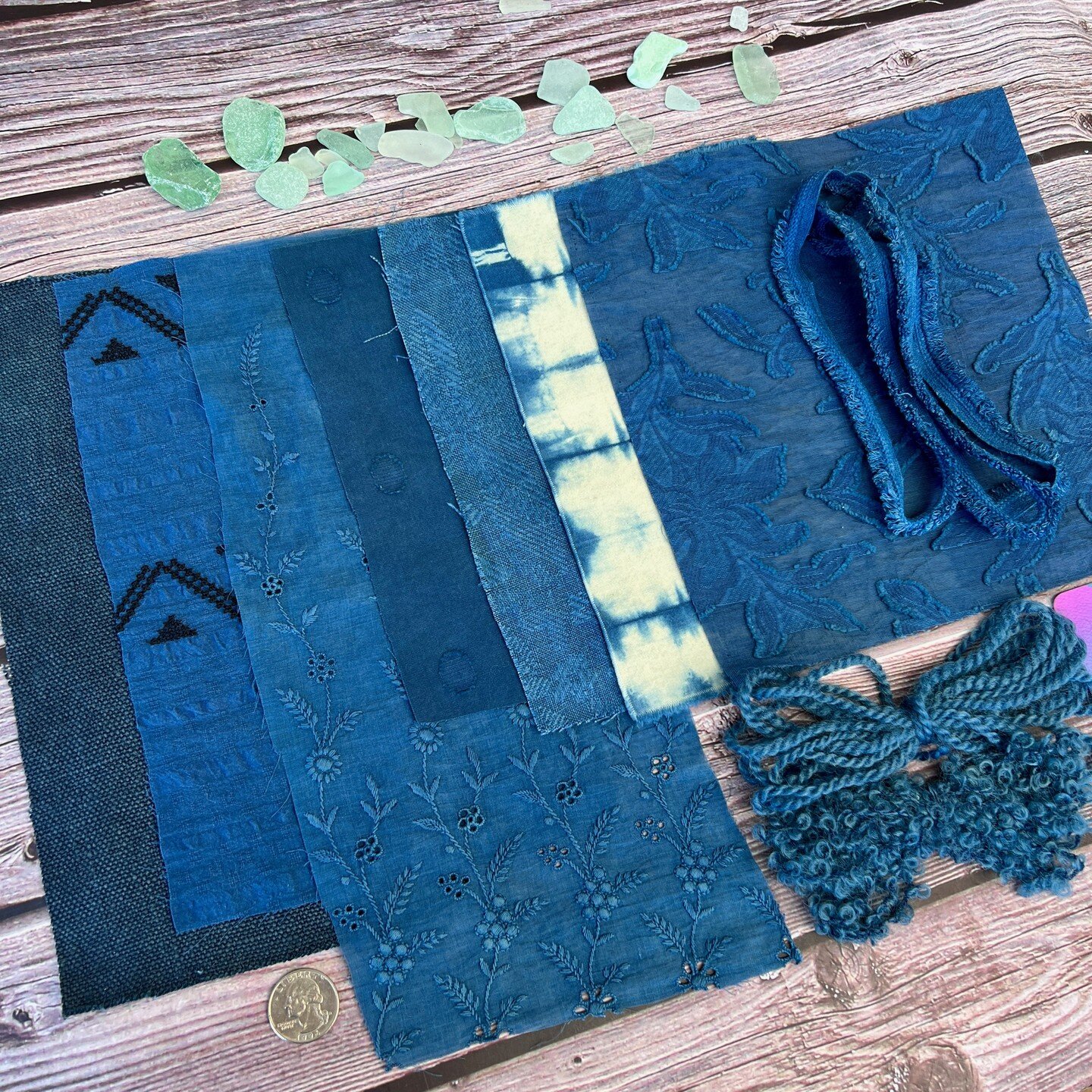 Ocean (no. 5) is a #plantdyed linen and cotton fabric pack dyed with natural indigo from @botanicalcolors 

All of these fibers are from #reclaimedmaterials sourced from secondhand clothing, vintage textiles, and leftover upholstery fabrics. #prelove