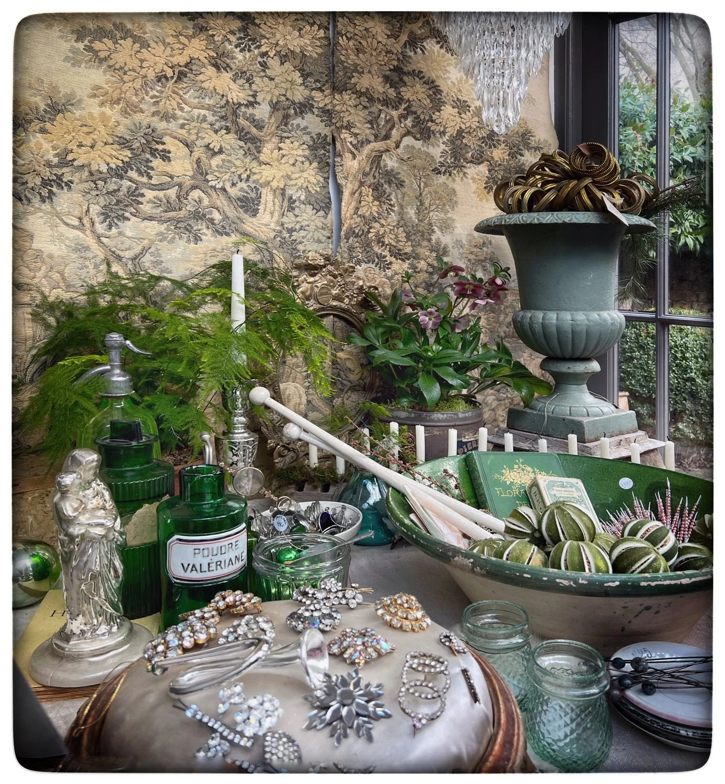 Old tapestries, Proven&ccedil;al bowls, honeycombs nite lights, apothecary bottles and jars, patinated antique candle holders, urns,  potted plants and masses of vintage original Christmas Decorations, and all the rest&hellip; It&rsquo;s all here!  #