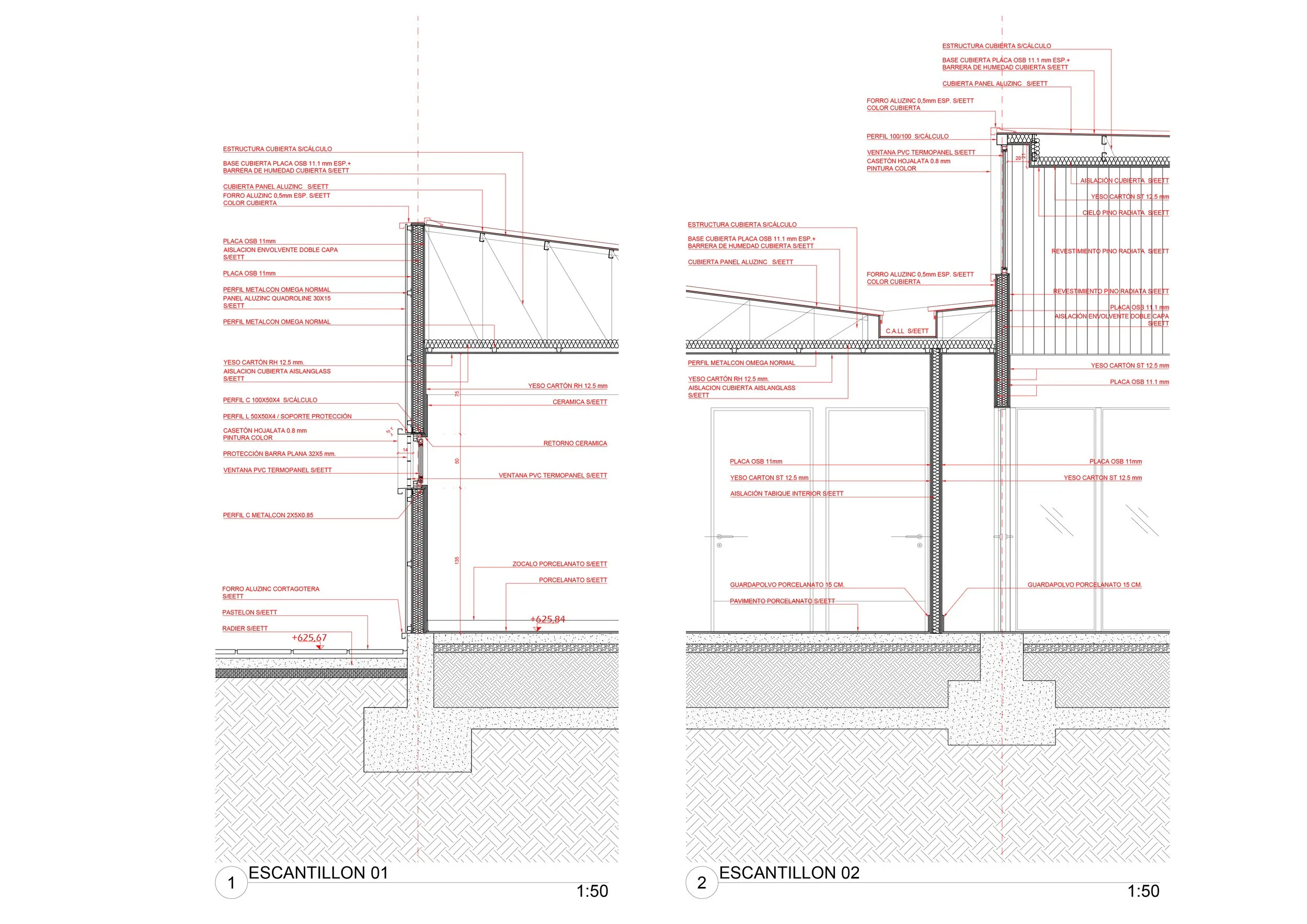 Dibujo técnico de secciones de construcción de techos y paredes en planos arquitectónicos con anotaciones en español
