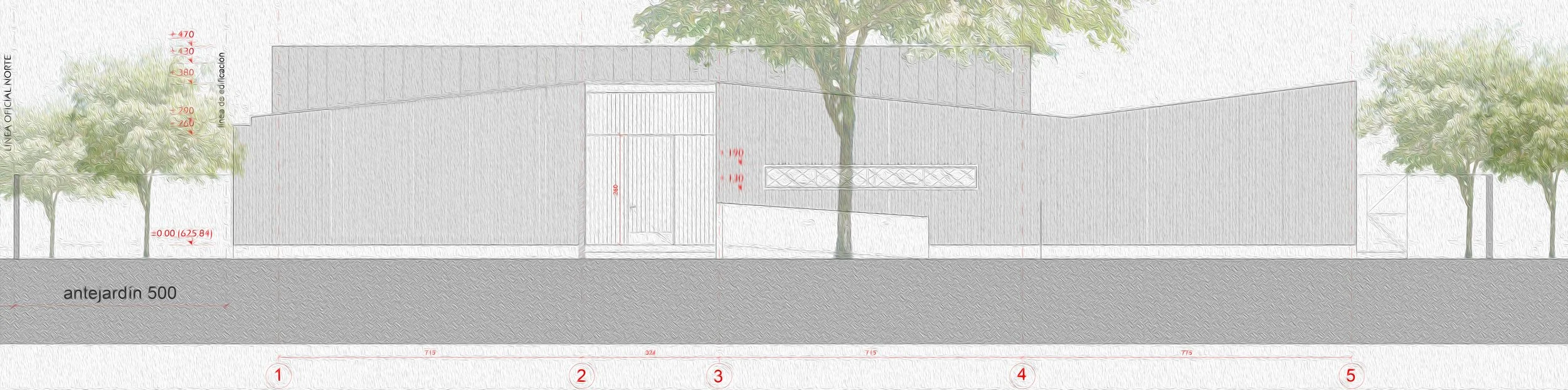 Dibujo técnico de la fachada de un edificio moderno con árboles y un muro de cemento en primer plano.