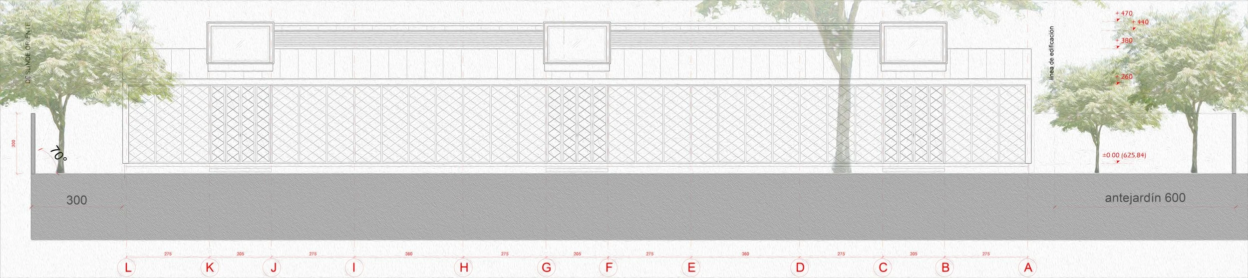 Plano arquitectónico de un camino con dos árboles, un muro y una estructura, con medidas y niveles boven de la vista, incluyendo etiquetas en español y marcas de elevación.