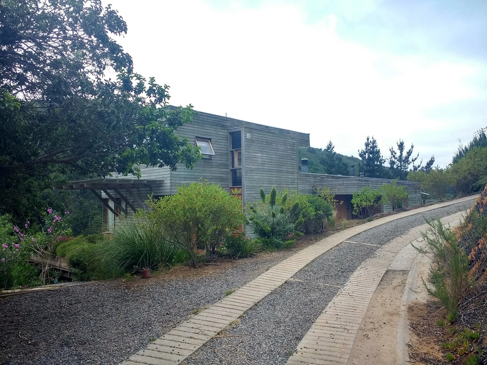 Casa moderna de madera en medio de la naturaleza con camino de grava y jardinería alrededor en un entorno montañoso.