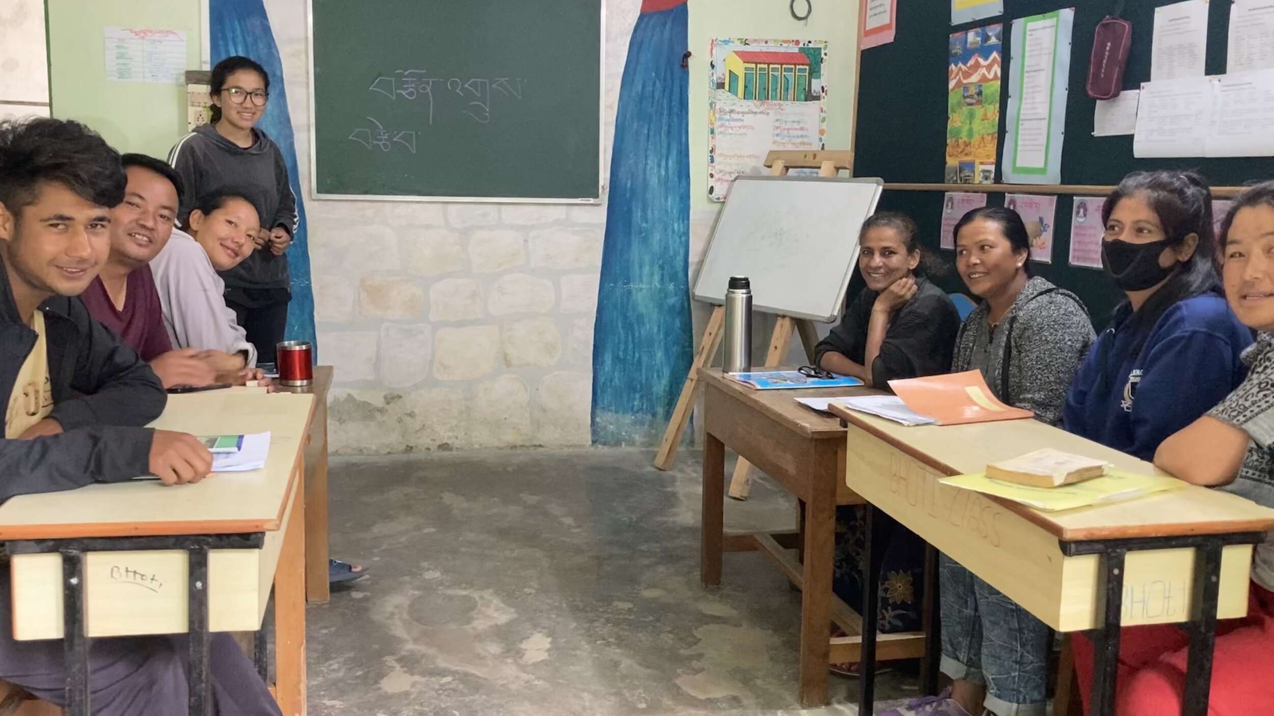 (Left, front to back): Sanjay (carpentry intern), Teke, Ama Kukkoo. (Right, front to back):  Ama Sonam, Minoti Ma'am, Ama Maya, Ma'am Padmini