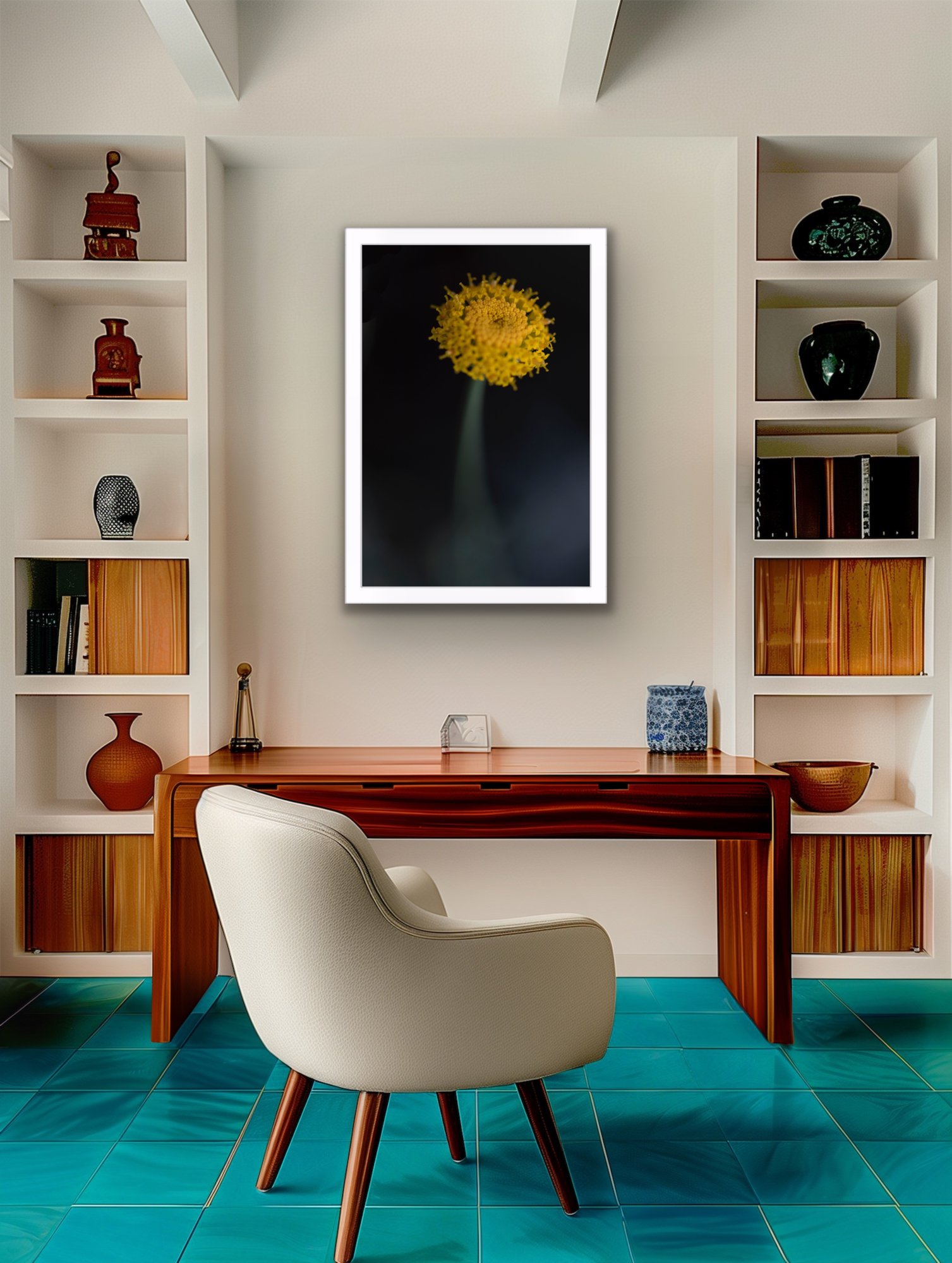 Golden wildflower glowing in soft afternoon sunlight, gently leaning in a field of tall grass. Fine art botanical photograph from The Quiet Wild series.