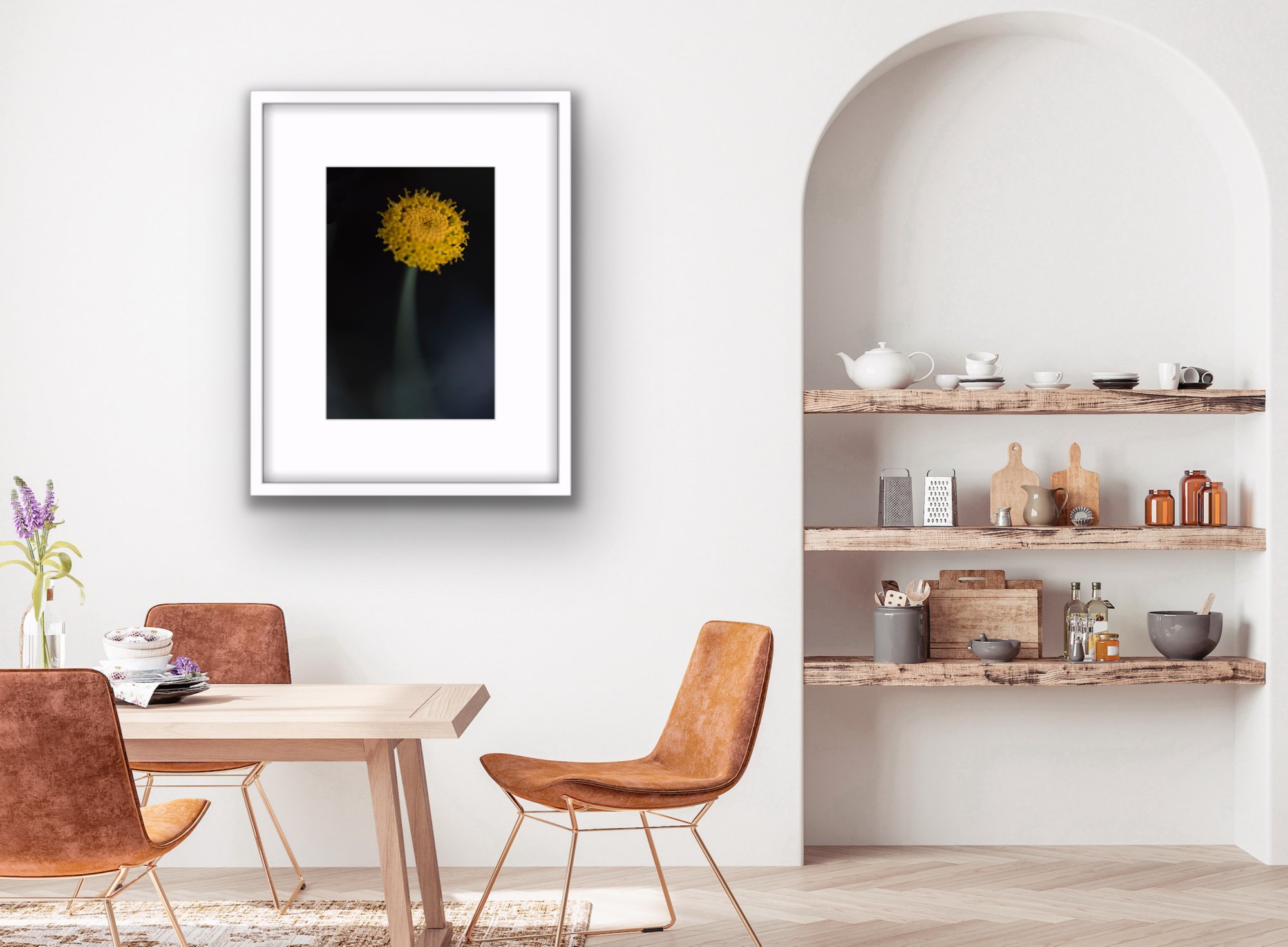 Golden wildflower glowing in soft afternoon sunlight, gently leaning in a field of tall grass. Fine art botanical photograph from The Quiet Wild series.