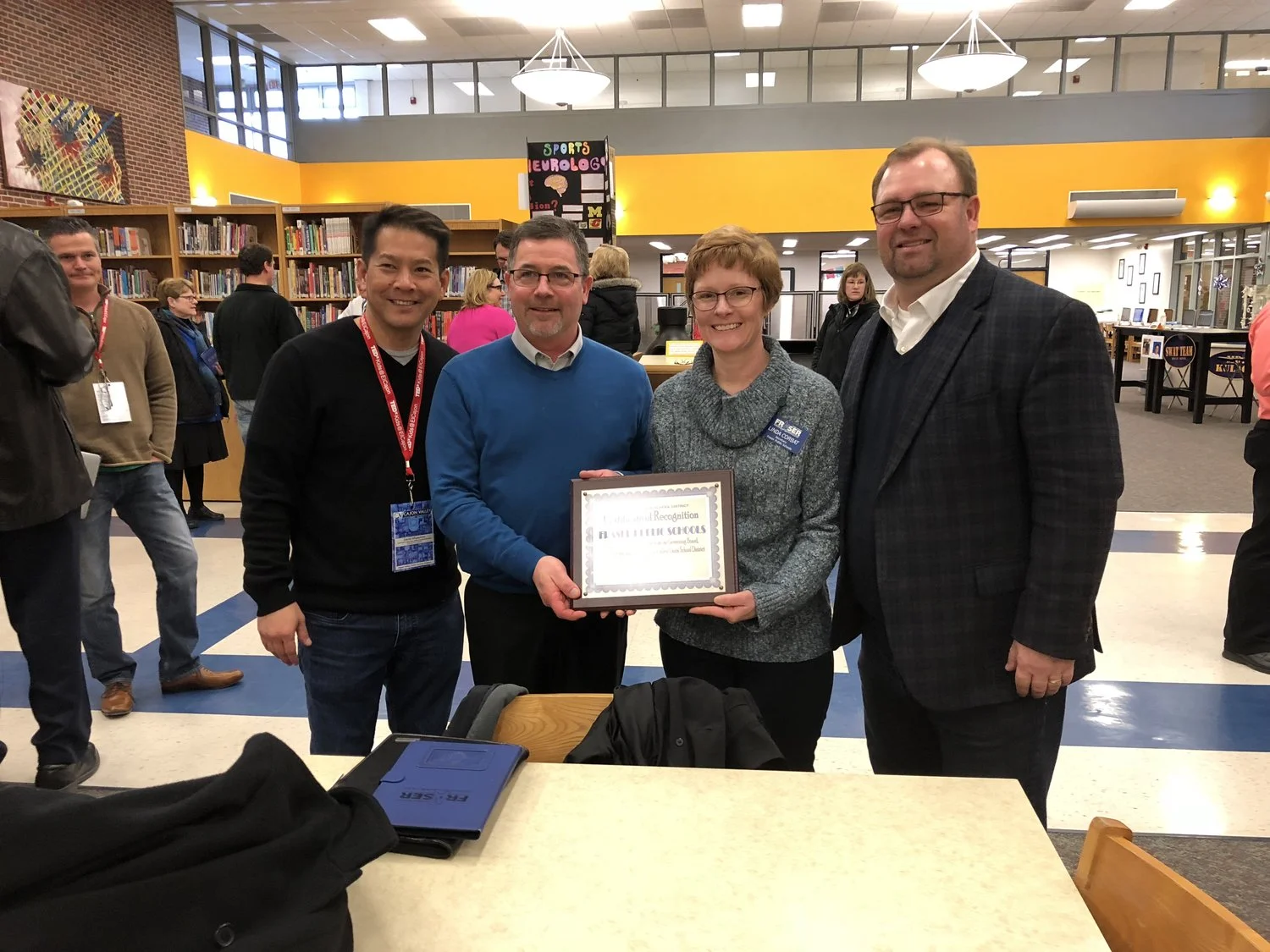 Superintendent Dr. David Miyashiro, on behalf of the Cajon Valley team, presents a Certificate of Appreciation to Fraser Superintendent Dr. David Richards and two Fraser School Board Members.