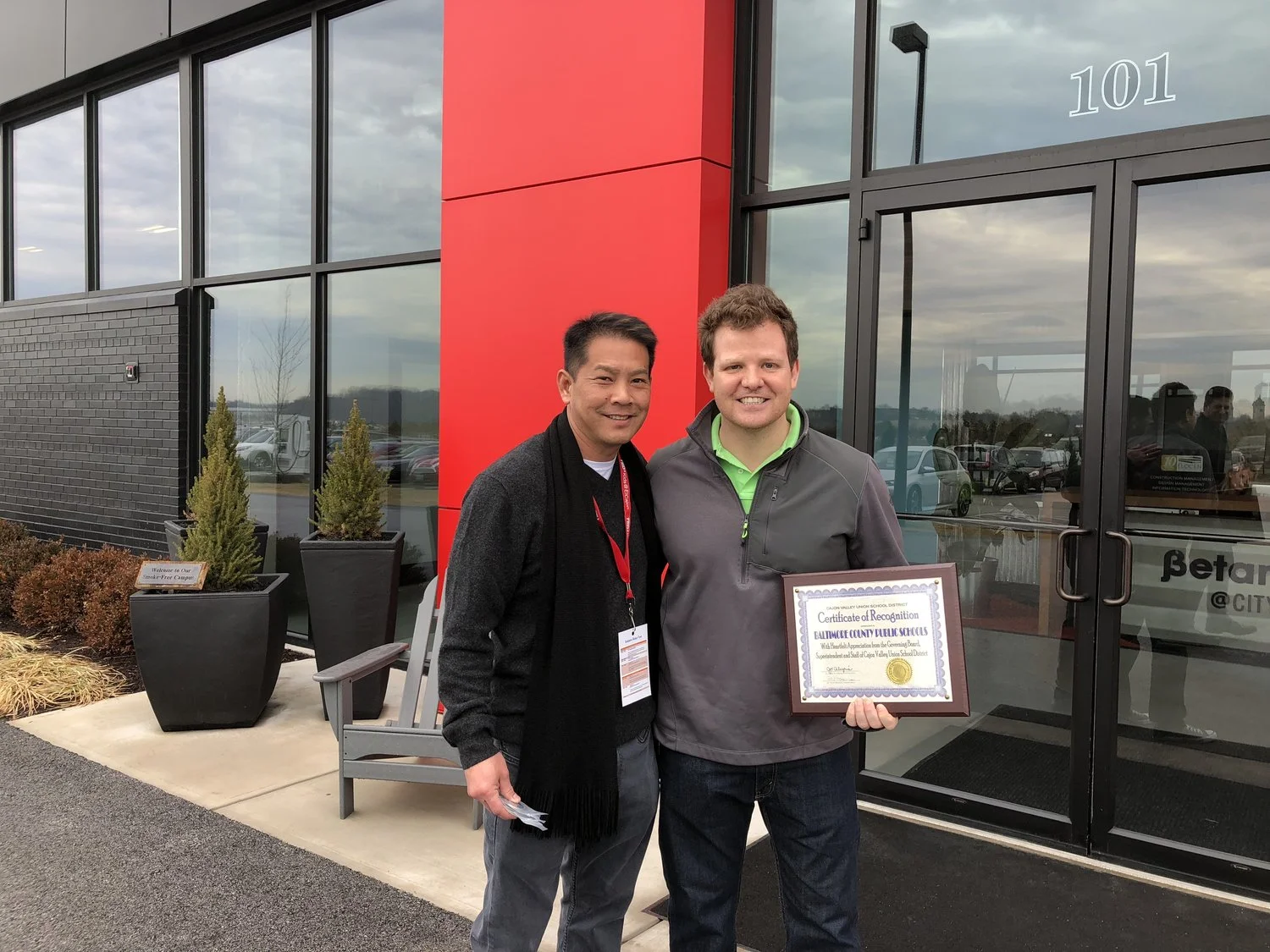 Superintendent Dr. David Miyashiro, on behalf of the Cajon Valley team, presents Nicholas Schiner of BCPS with a Certificate of Appreciation.