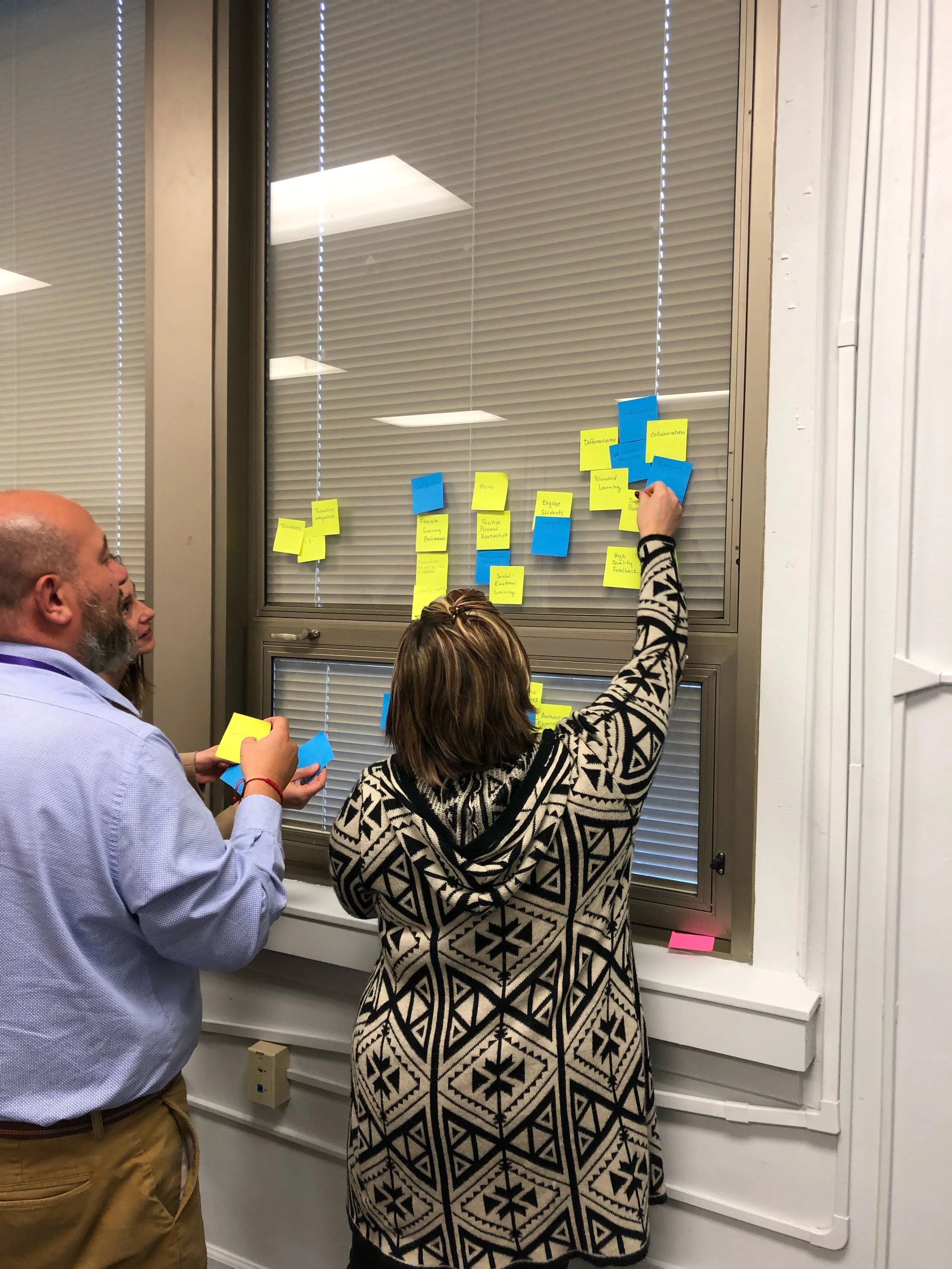 Jena Cooper and Erik Barbon engage in an Affinity Mapping activity to flush out their major components and big ideas from the prompt responses.