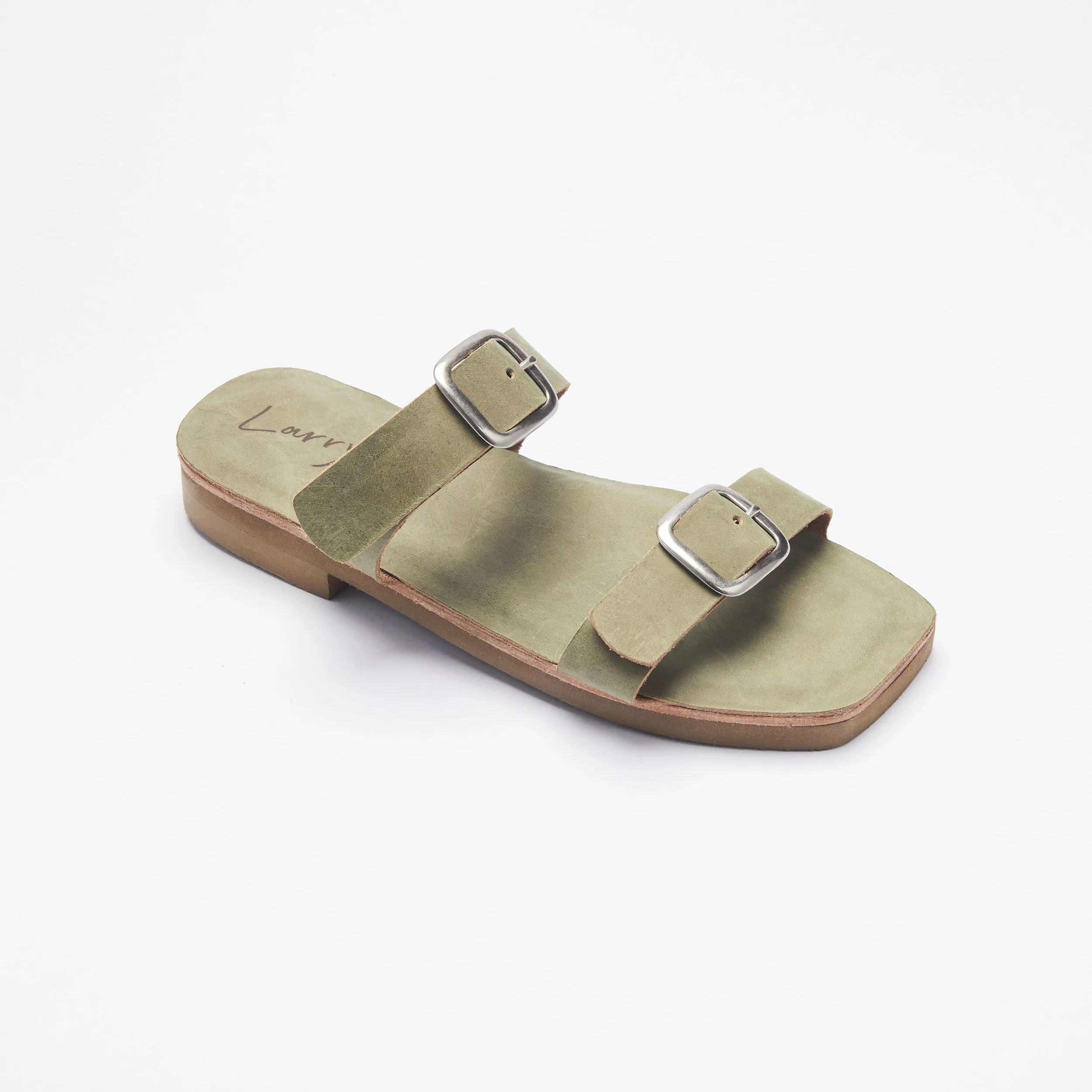 Moss green oiled leather silver double buckle slide most comfortable sandals made in NY
